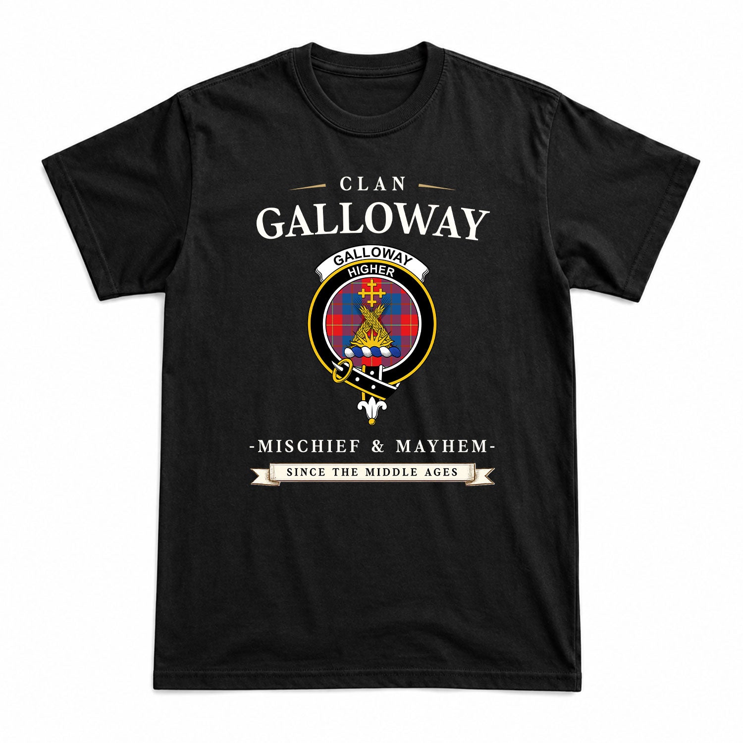 Galloway Red Tartan Crest Mischief and Mayhem T-shirt