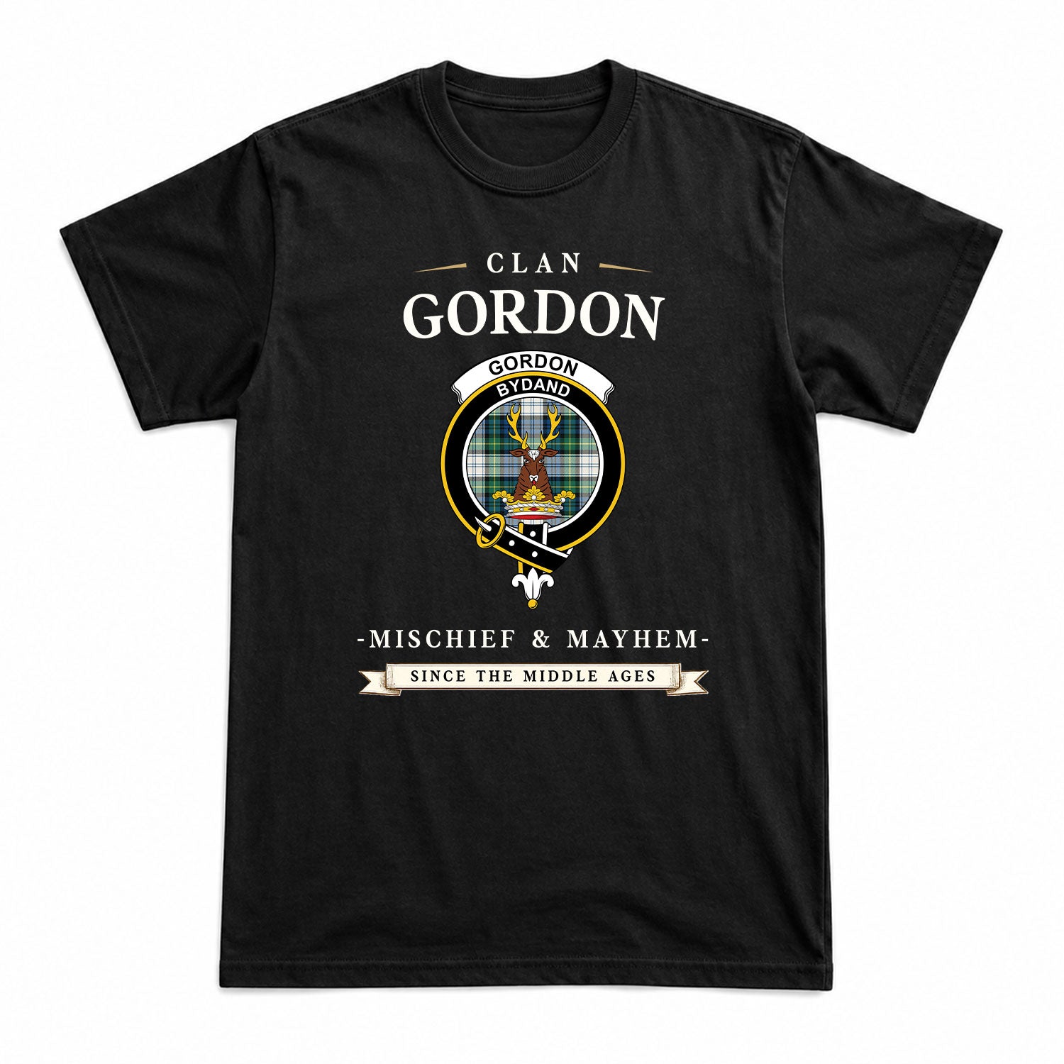 Gordon Dress Ancient Tartan Crest Mischief and Mayhem T-shirt
