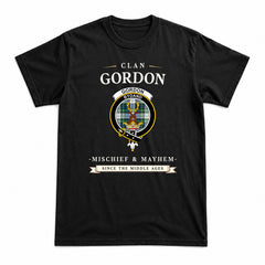 Gordon Dress Ancient Tartan Crest Mischief and Mayhem T-shirt