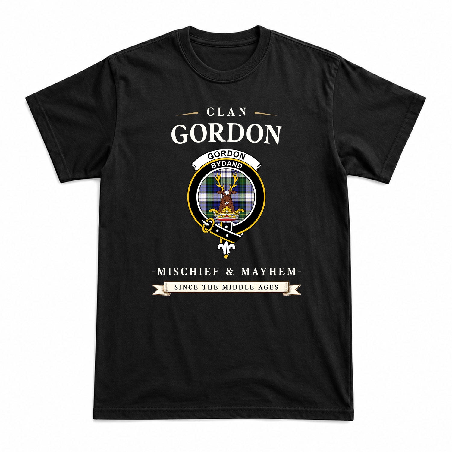 Gordon Dress Modern Tartan Crest Mischief and Mayhem T-shirt