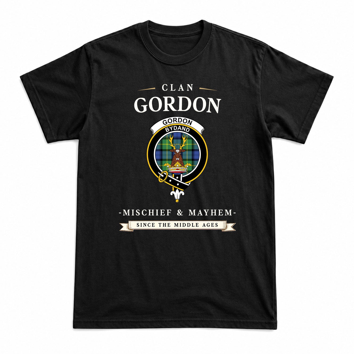 Gordon Old Ancient Tartan Crest Mischief and Mayhem T-shirt