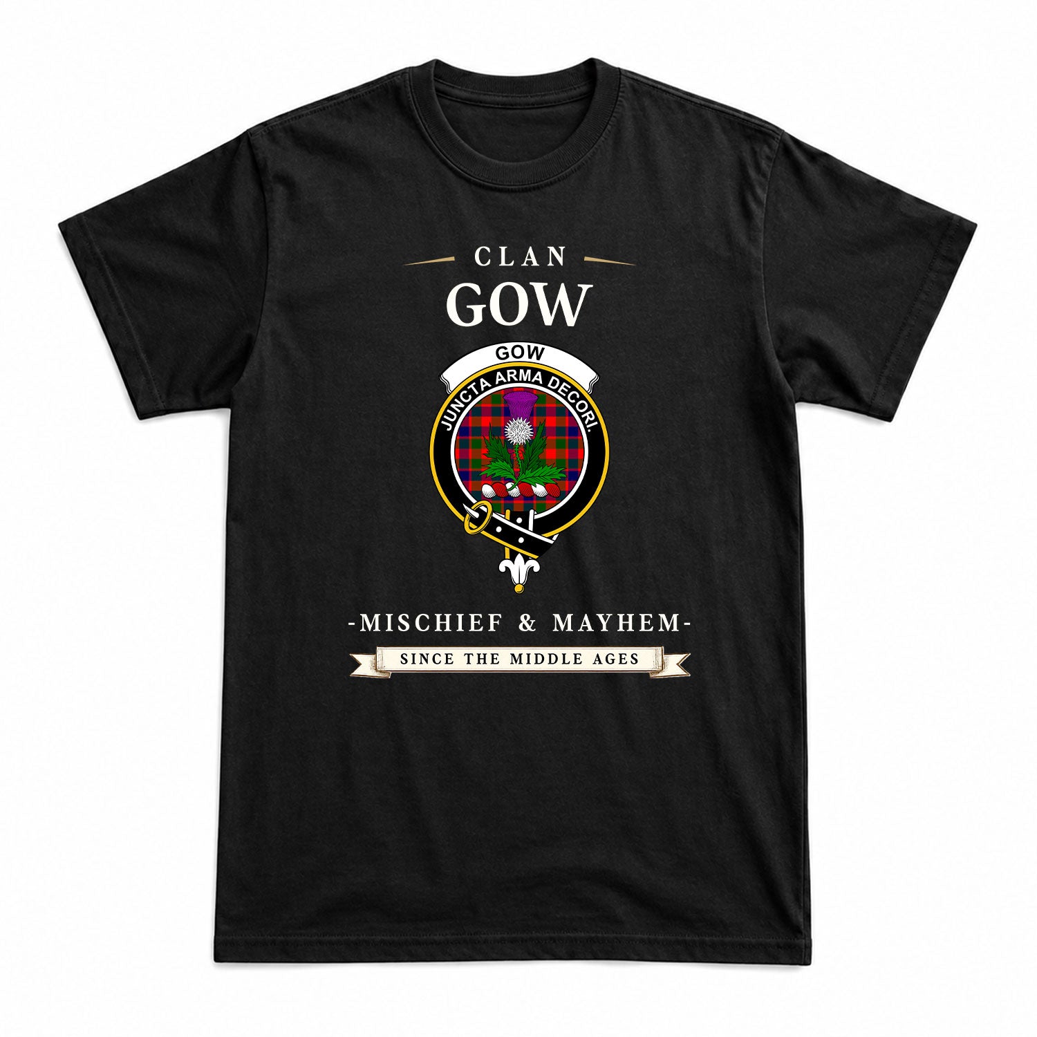 Gow (of Skeoch) Tartan Crest Mischief and Mayhem T-shirt