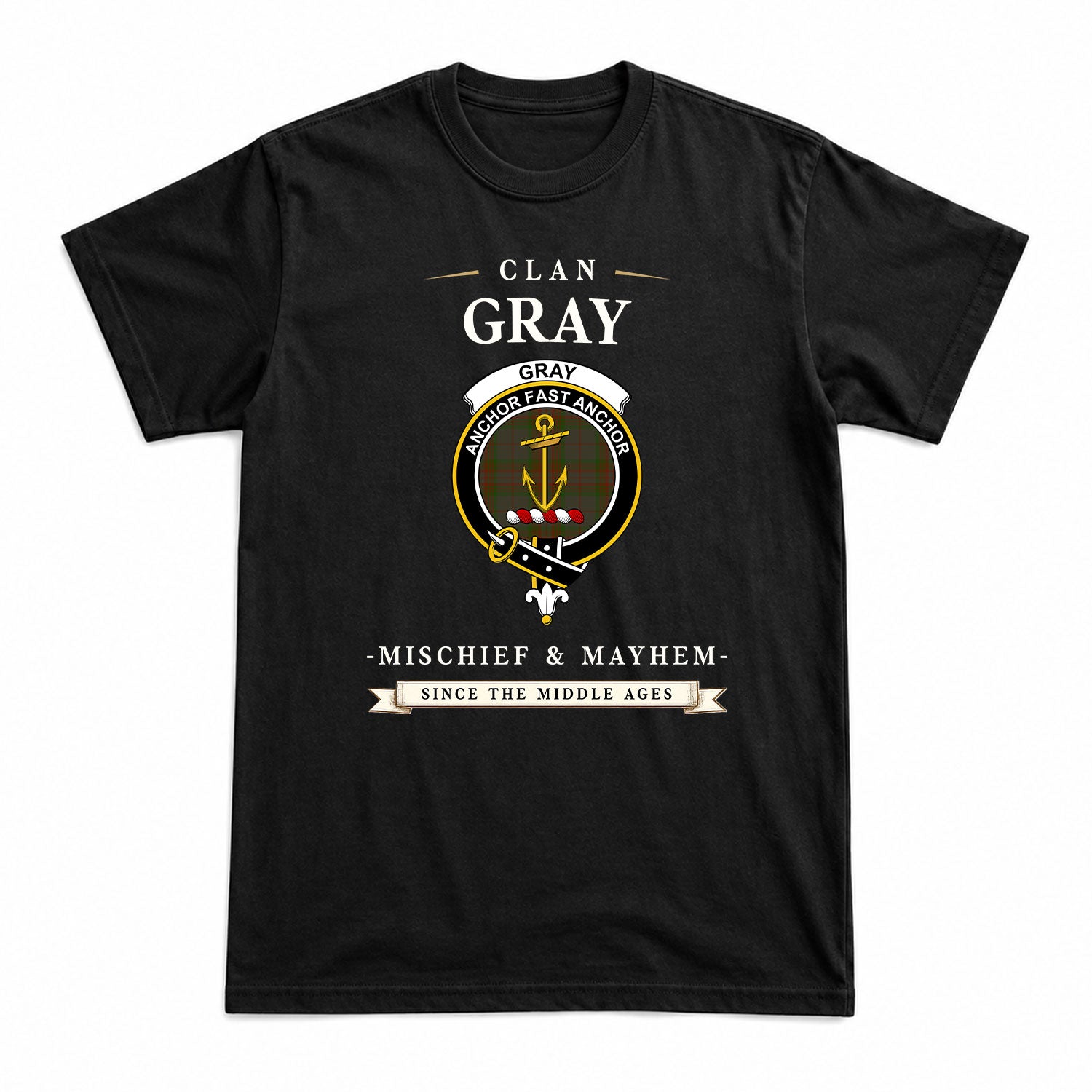 Gray Tartan Crest Mischief and Mayhem T-shirt