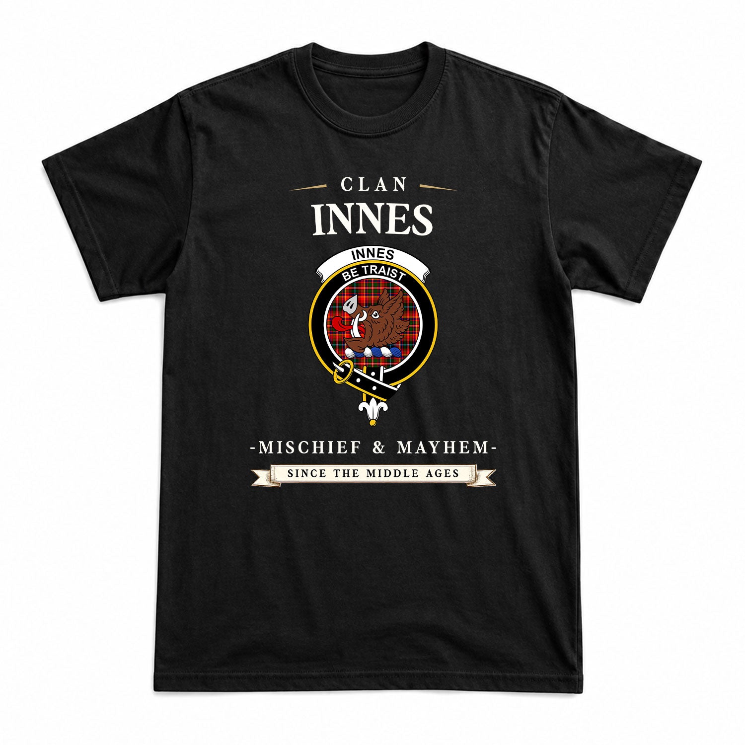 Innes Modern Tartan Crest Mischief and Mayhem T-shirt