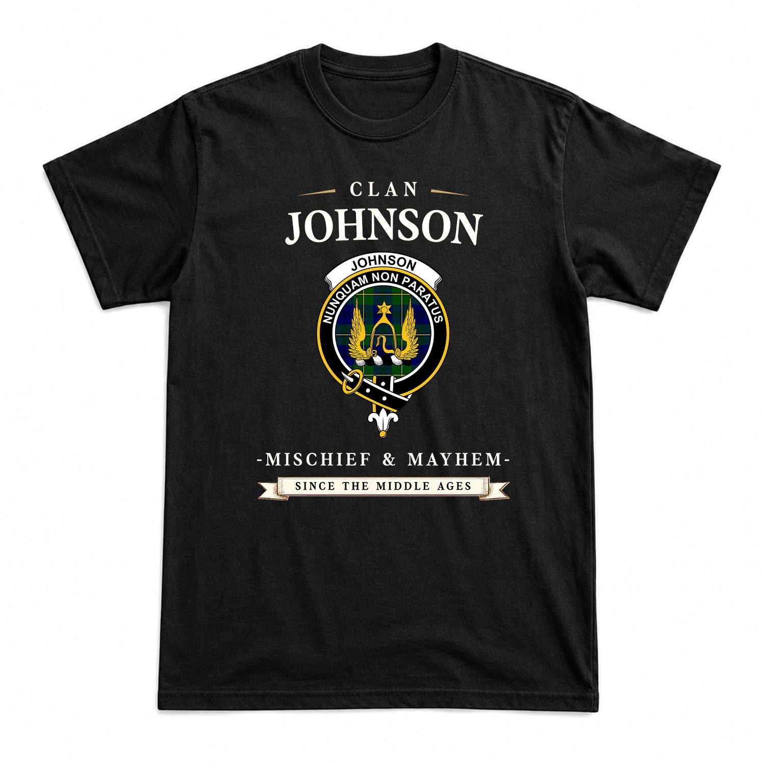 Johnson Modern Tartan Crest Mischief and Mayhem T-shirt