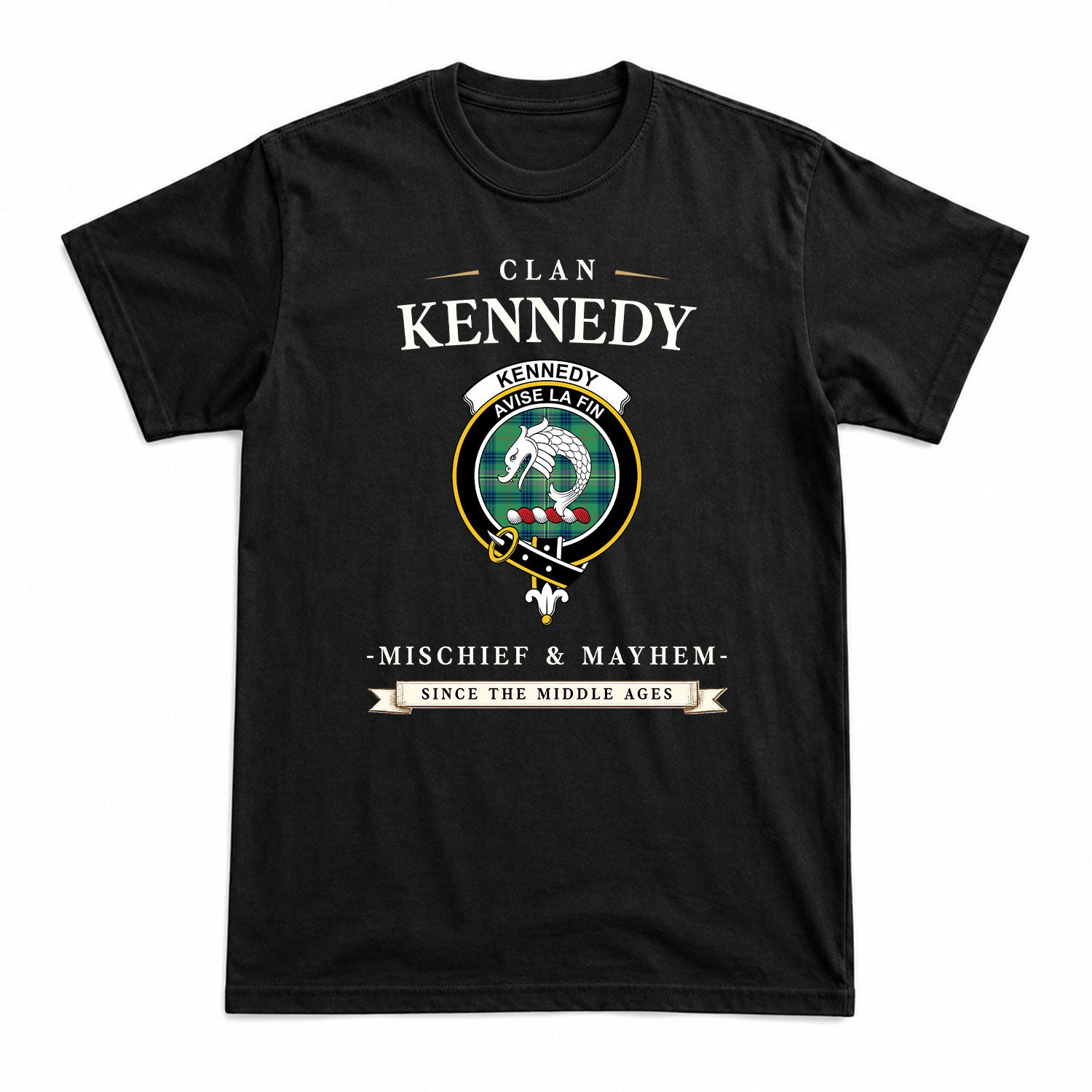 Kennedy Ancient Tartan Crest Mischief and Mayhem T-shirt