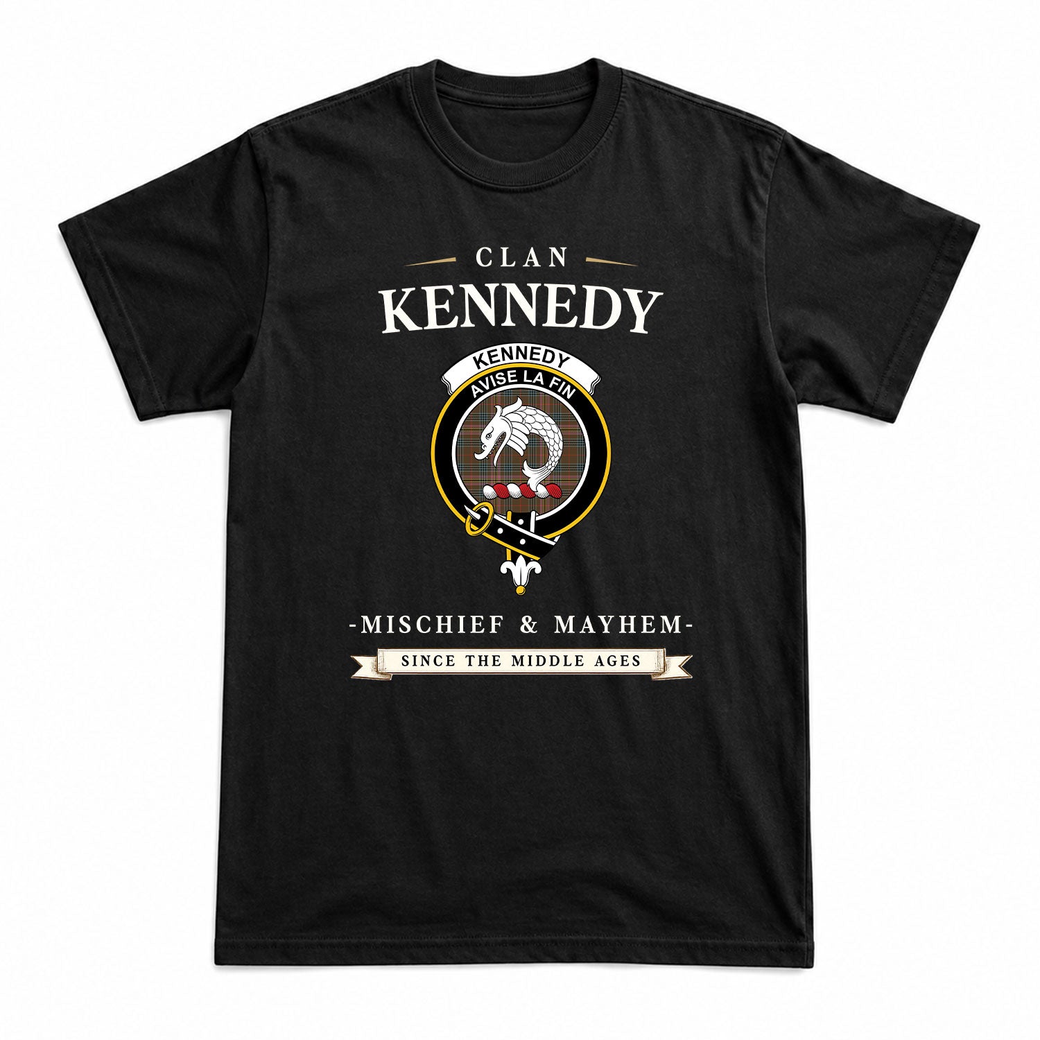 Kennedy Weathered Tartan Crest Mischief and Mayhem T-shirt