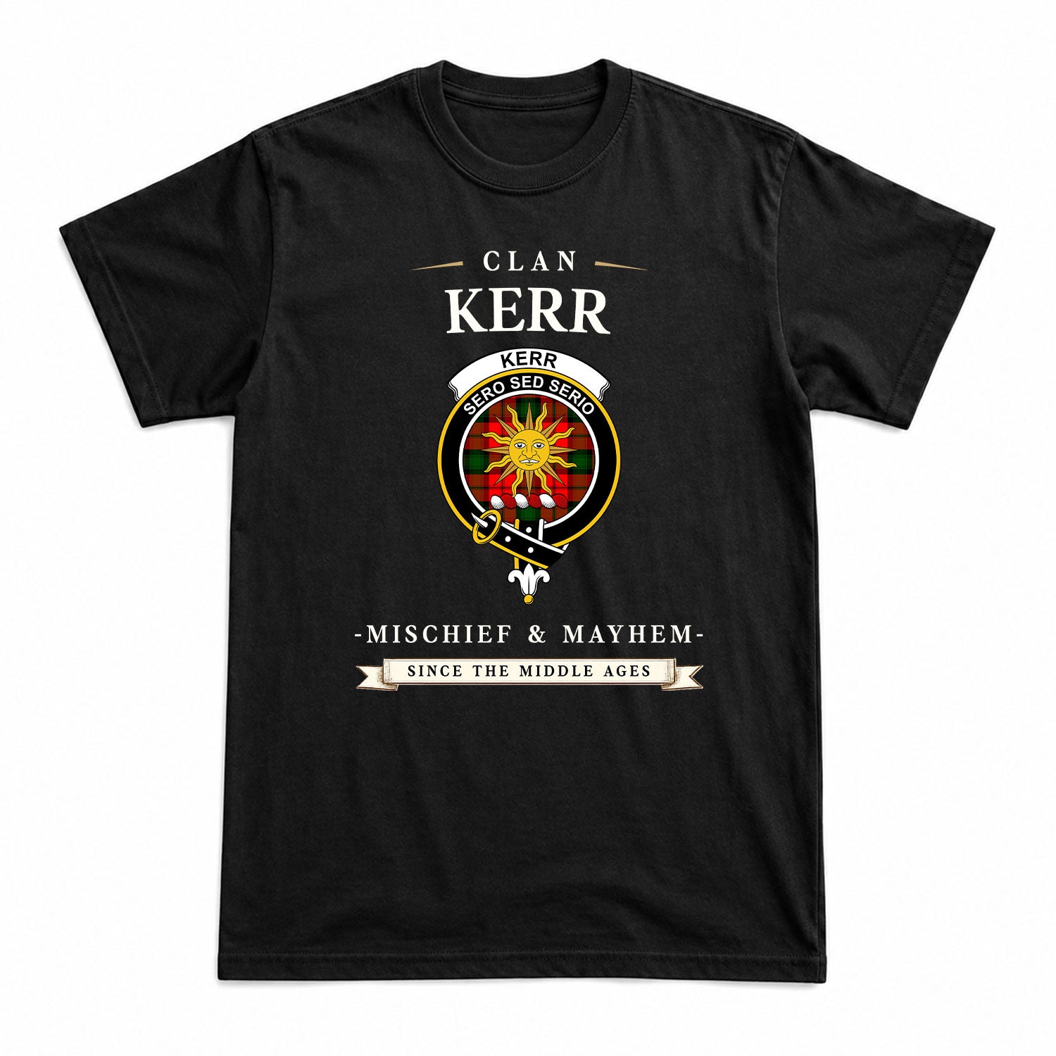 Kerr Modern Tartan Crest Mischief and Mayhem T-shirt