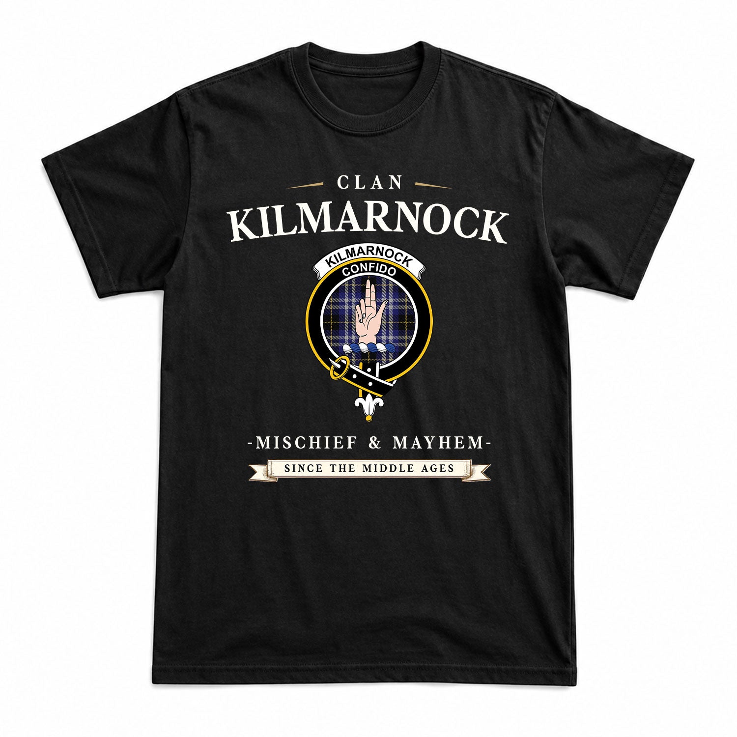 Kilmarnock Tartan Crest Mischief and Mayhem T-shirt