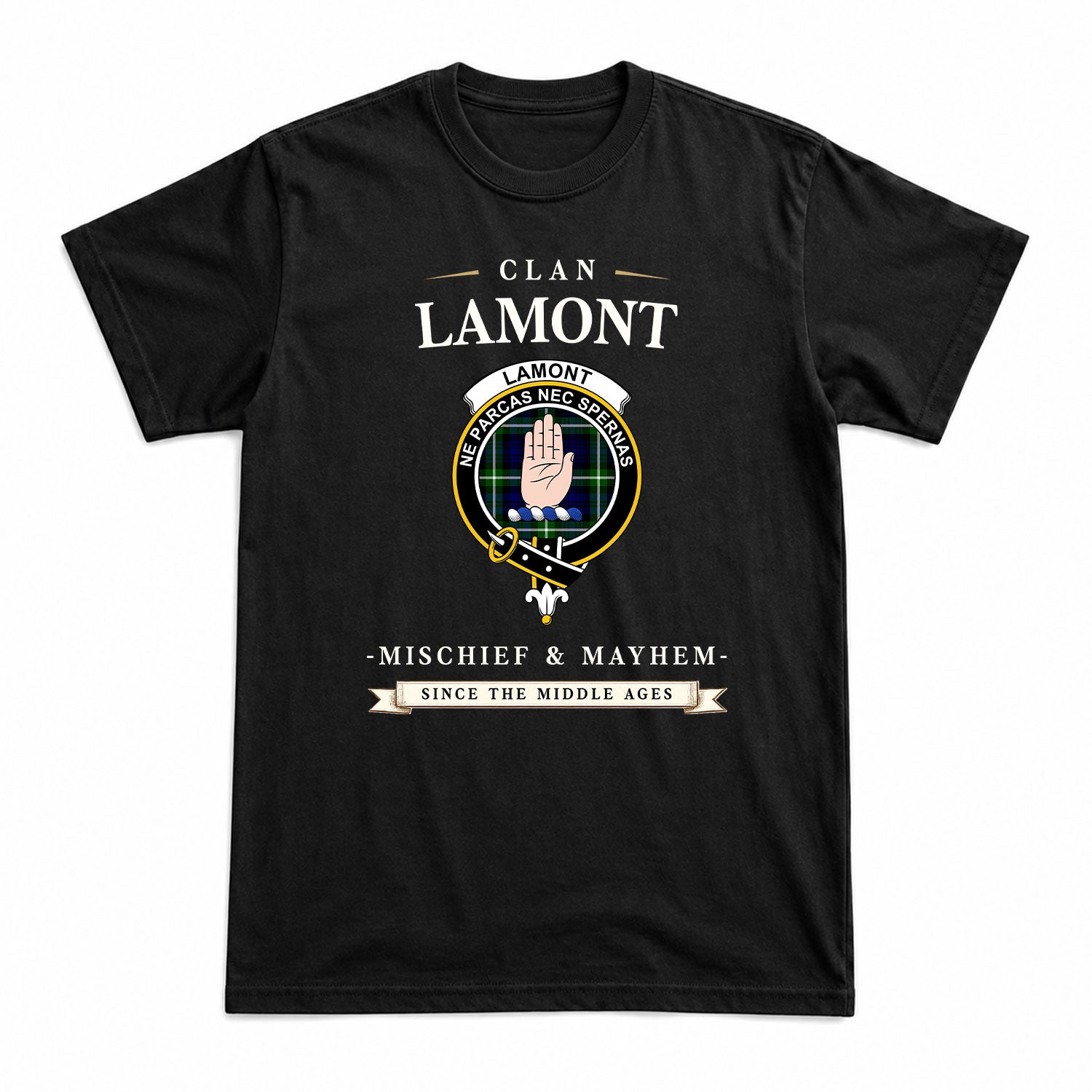 Lamont Modern Tartan Crest Mischief and Mayhem T-shirt