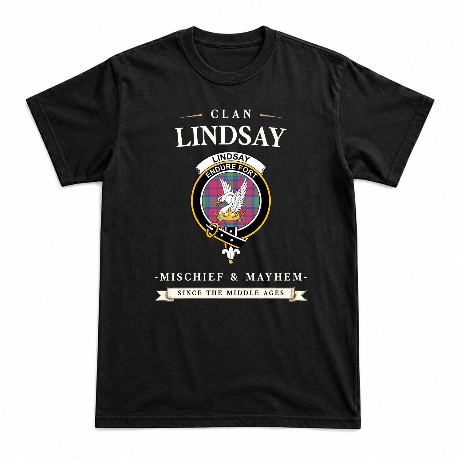 Lindsay Ancient Tartan Crest Mischief and Mayhem T-shirt