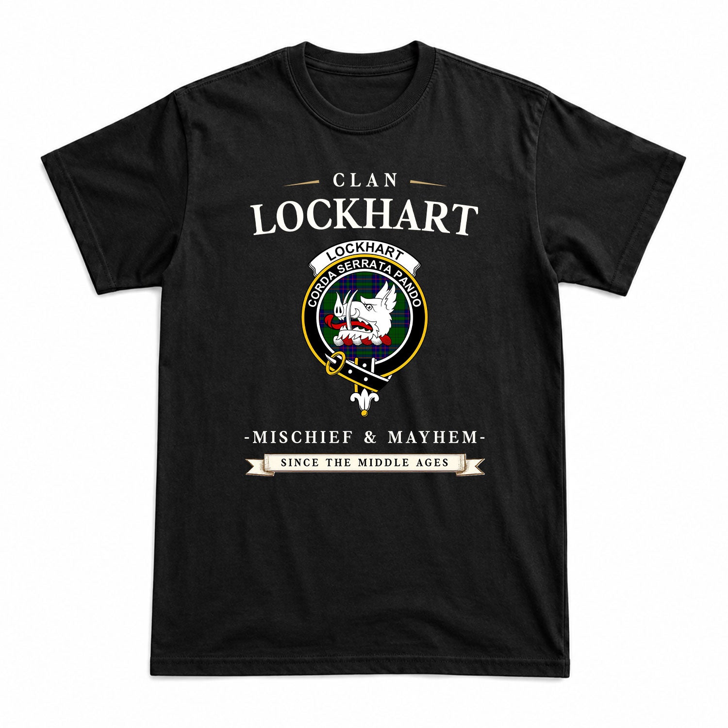 Lockhart Modern Tartan Crest Mischief and Mayhem T-shirt