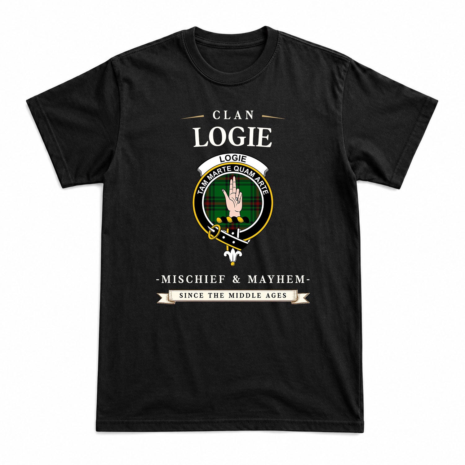 Logie Tartan Crest Mischief and Mayhem T-shirt