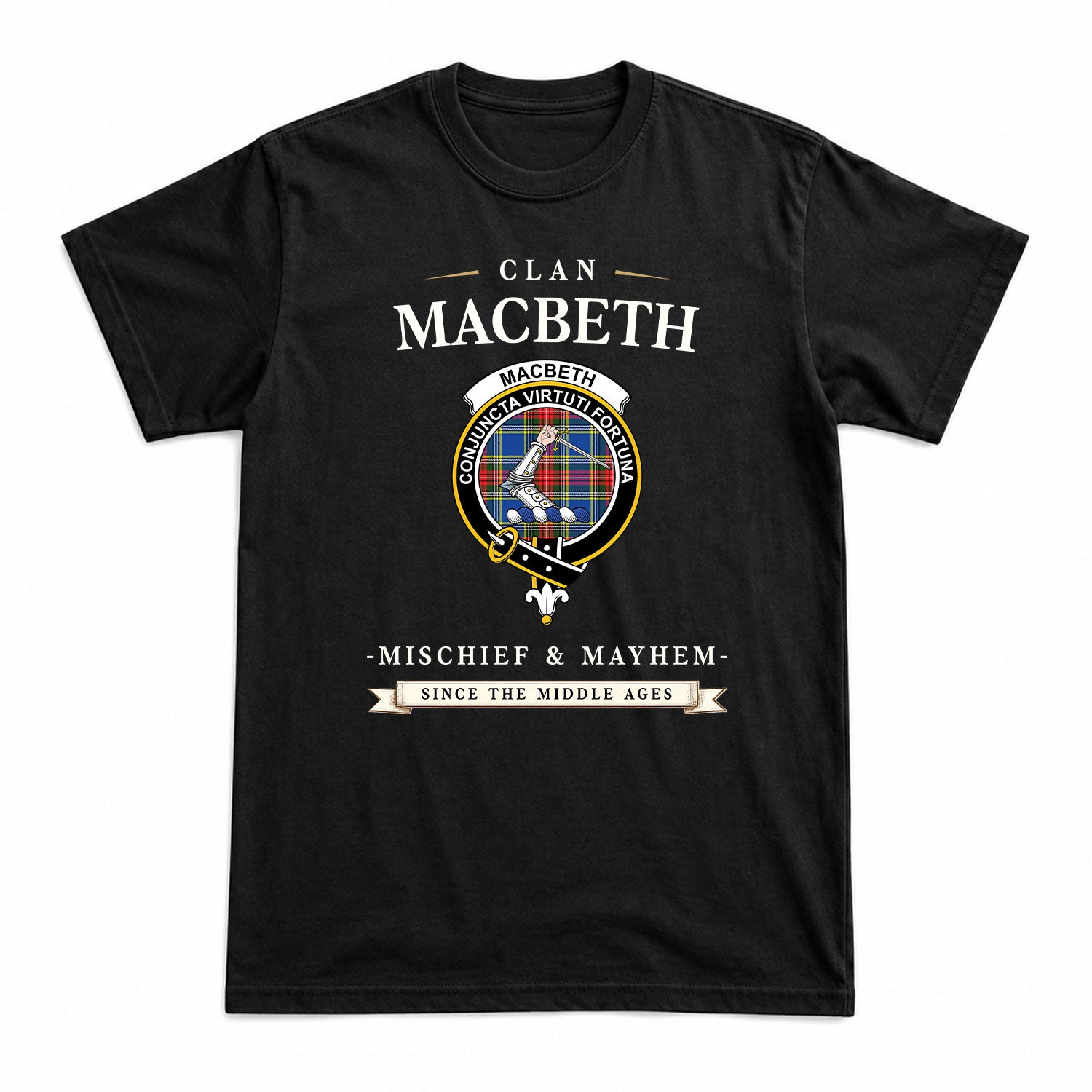 MacBeth Modern Tartan Crest Mischief and Mayhem T-shirt
