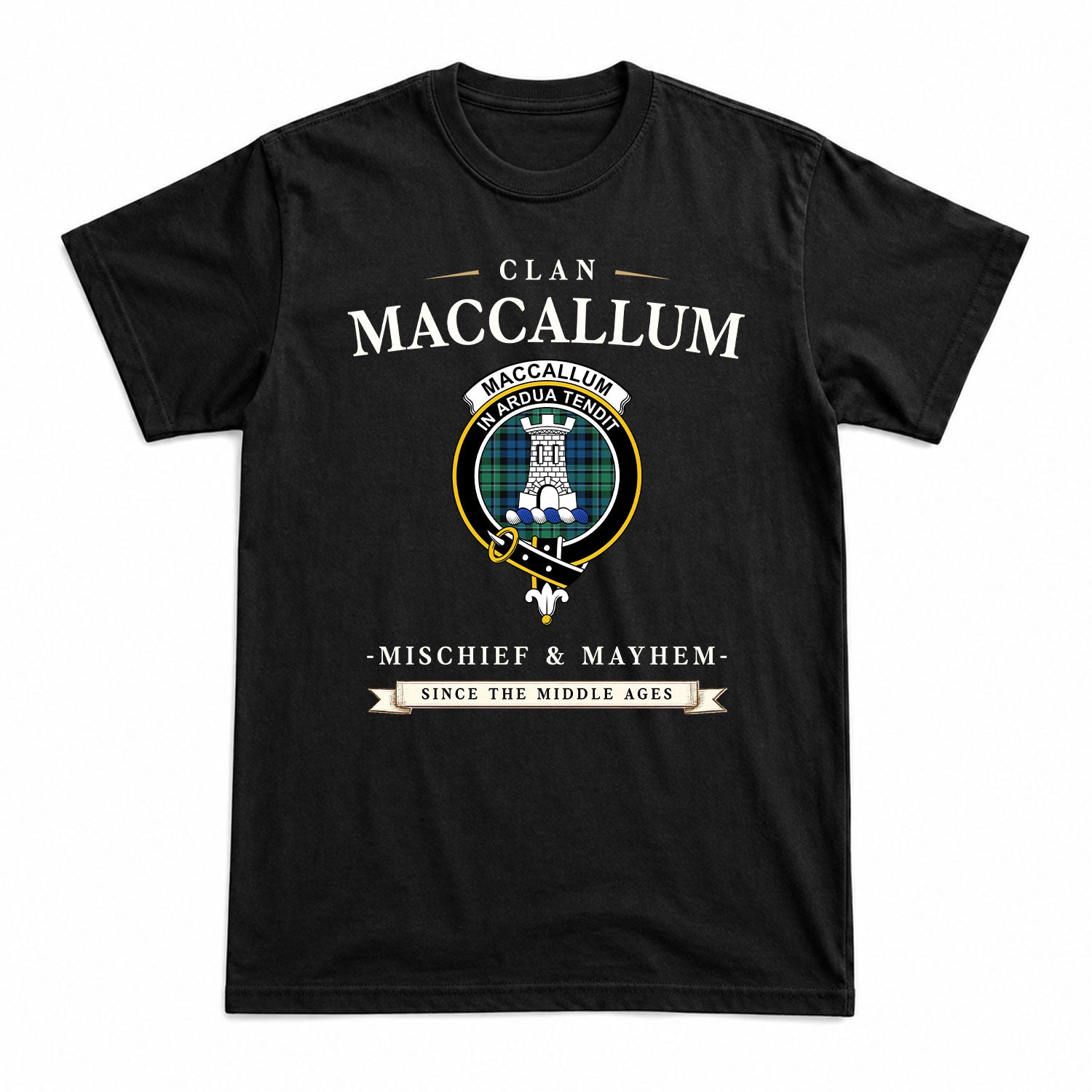 MacCallum Ancient Tartan Crest Mischief and Mayhem T-shirt