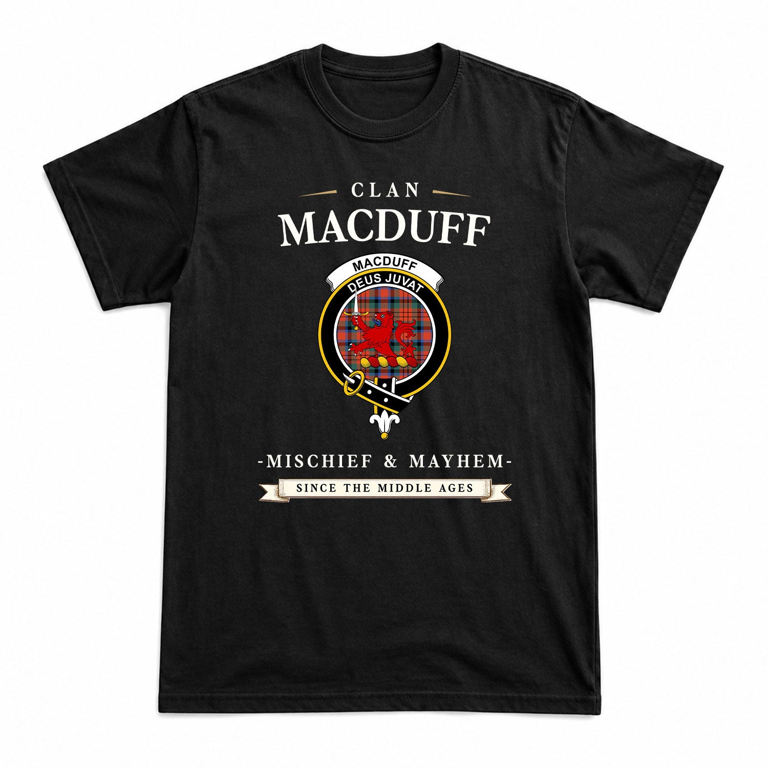 MacDuff Ancient Tartan Crest Mischief and Mayhem T-shirt