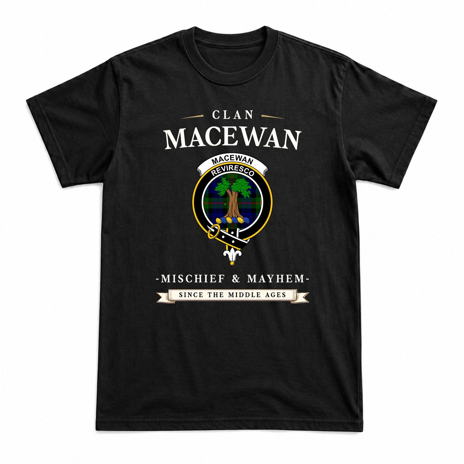 MacEwan Modern Tartan Crest Mischief and Mayhem T-shirt