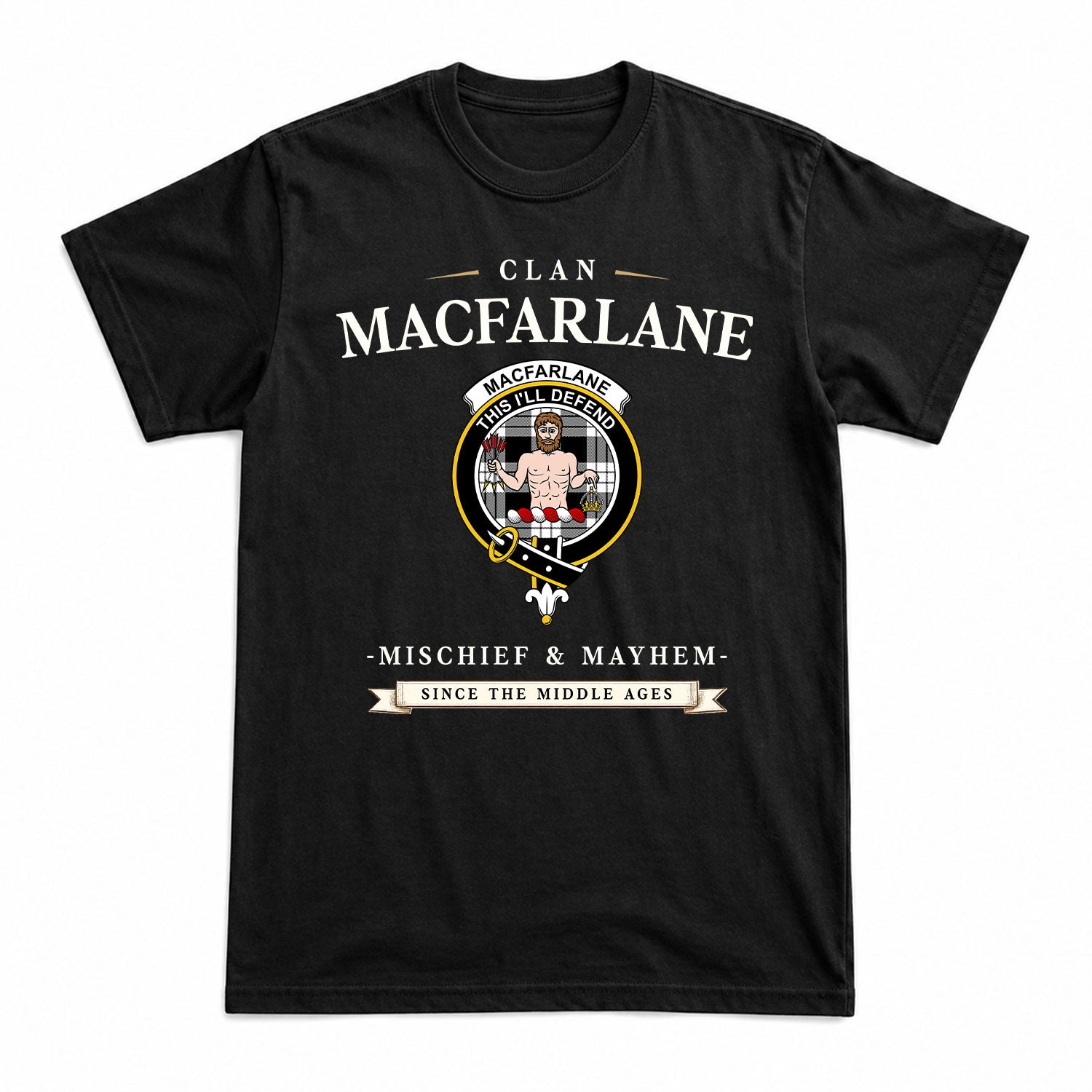 MacFarlane Black - White Tartan Crest Mischief and Mayhem T-shirt