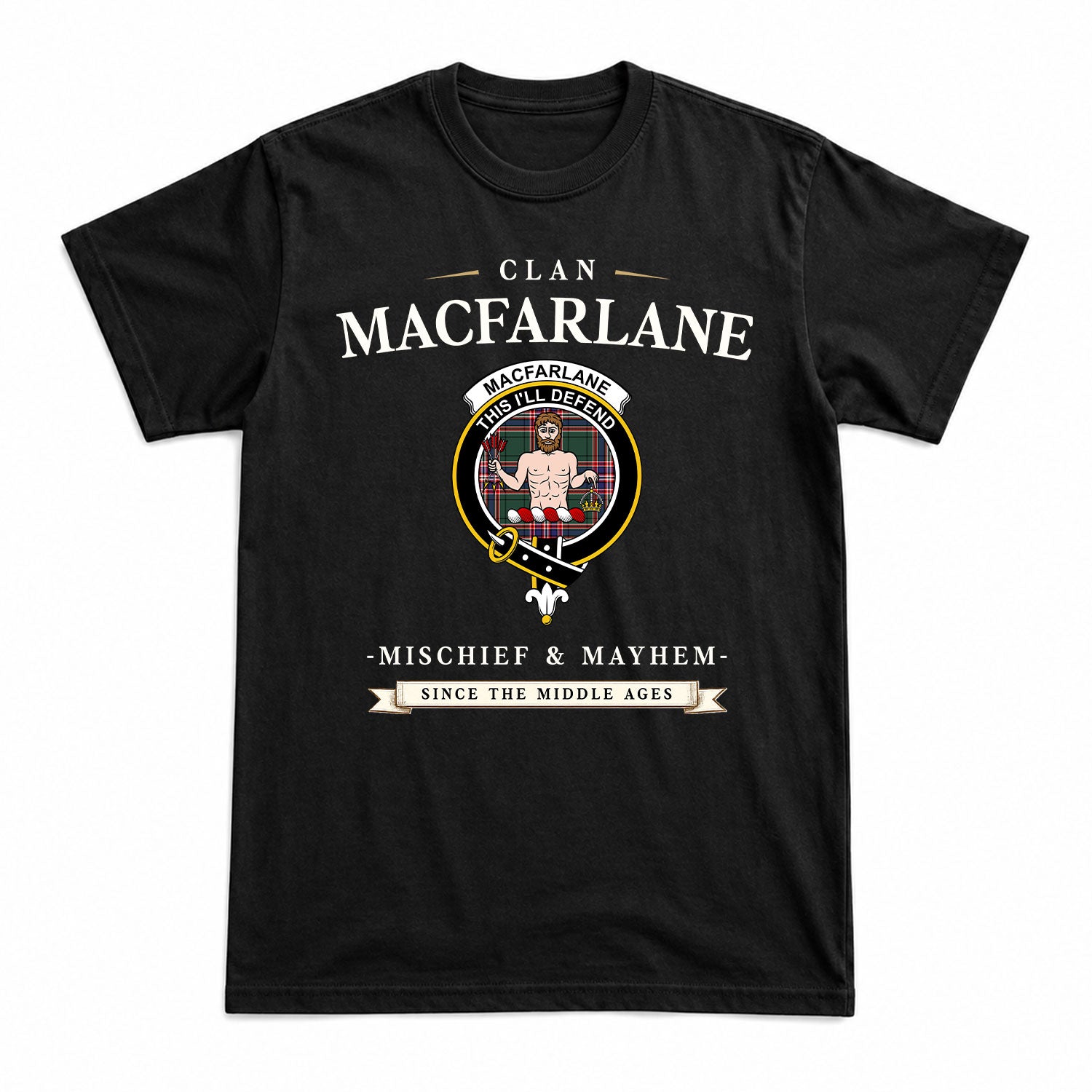 MacFarlane Hunting Modern Tartan Crest Mischief and Mayhem T-shirt