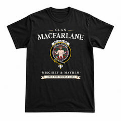 MacFarlane Hunting Modern Tartan Crest Mischief and Mayhem T-shirt