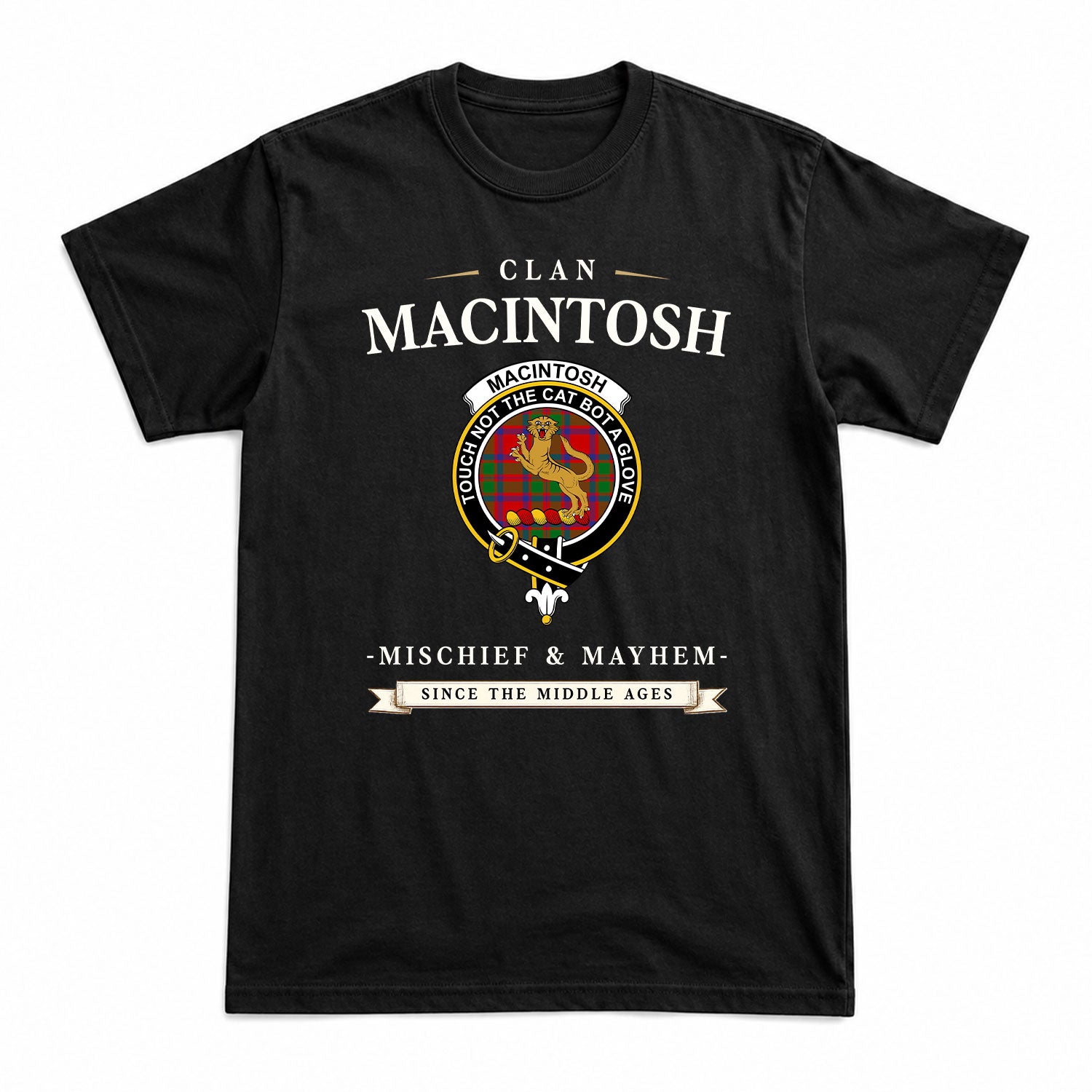 MacIntosh Modern Tartan Crest Mischief and Mayhem T-shirt