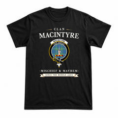 MacIntyre Hunting Ancient Tartan Crest Mischief and Mayhem T-shirt