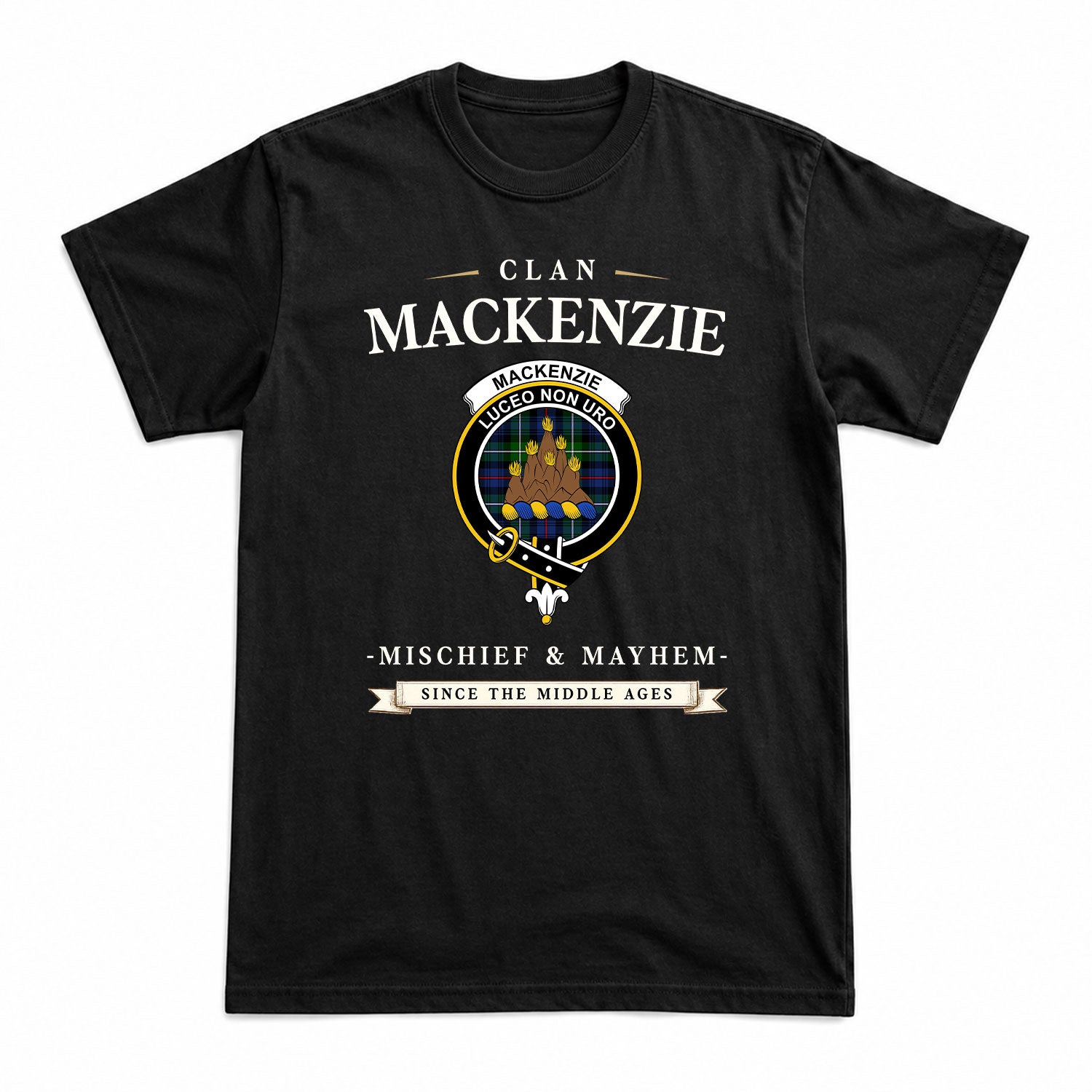 MacKenzie Modern Tartan Crest Mischief and Mayhem T-shirt