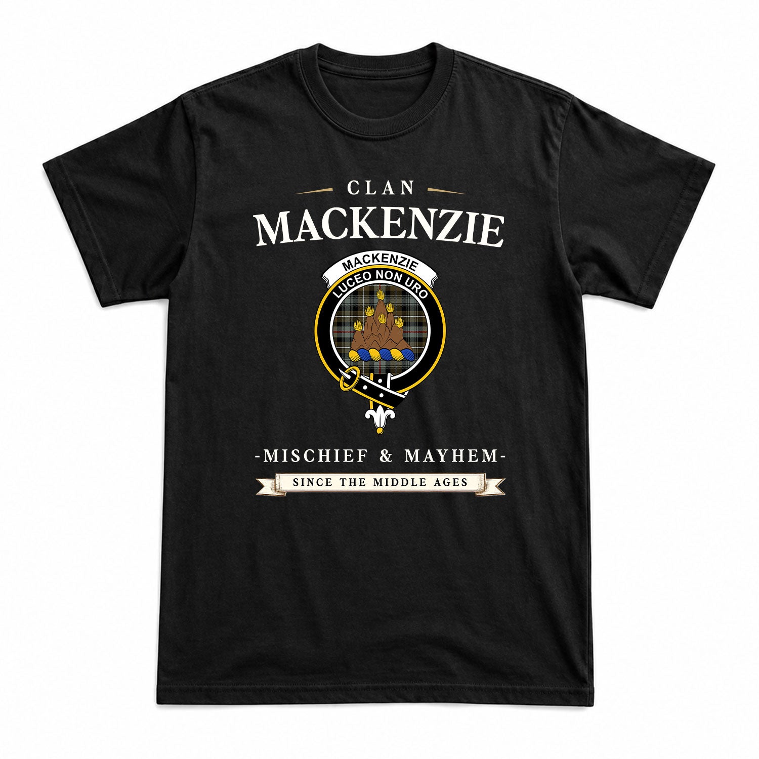 MacKenzie Weathered Tartan Crest Mischief and Mayhem T-shirt