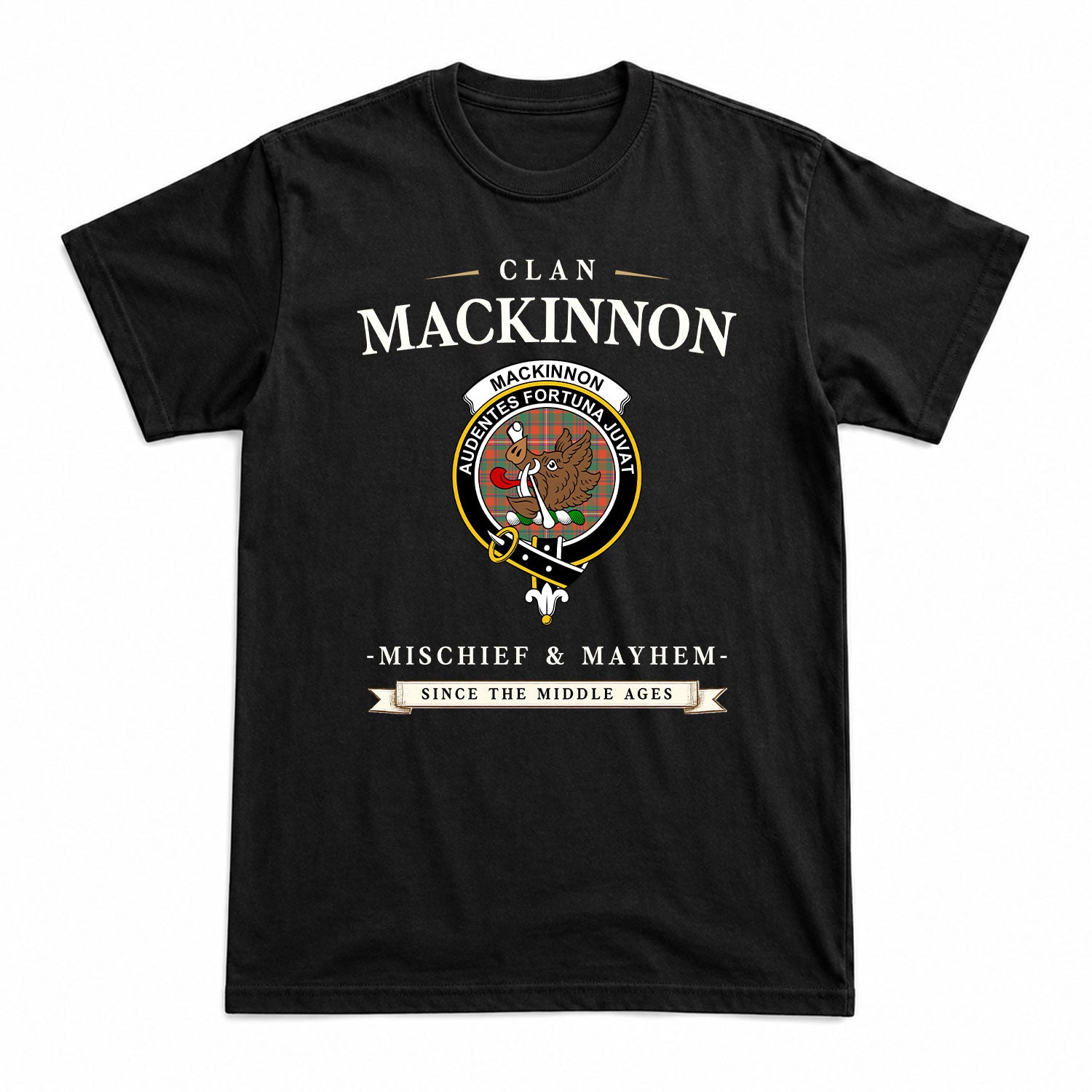 MacKinnon Ancient Tartan Crest Mischief and Mayhem T-shirt