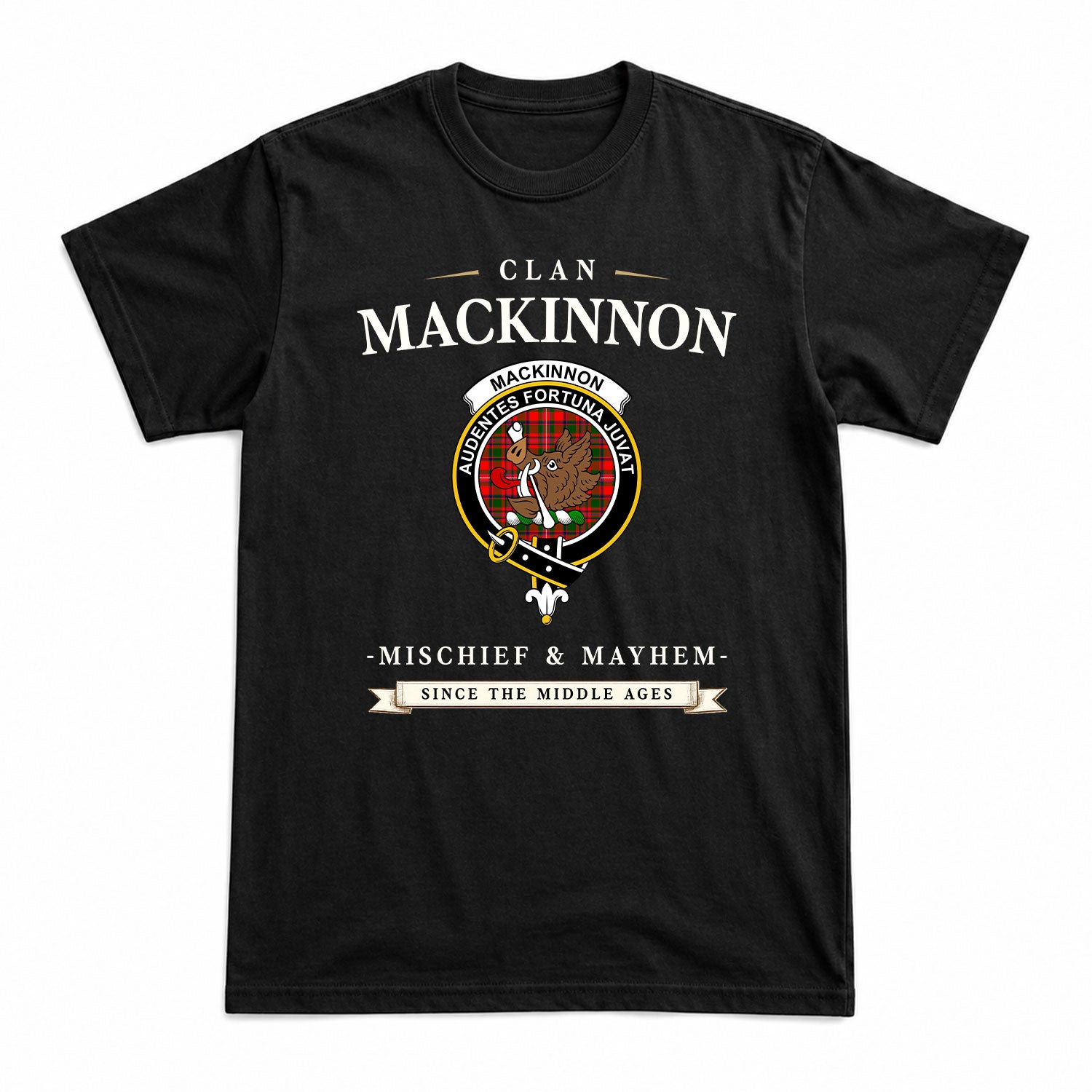 MacKinnon Modern Tartan Crest Mischief and Mayhem T-shirt