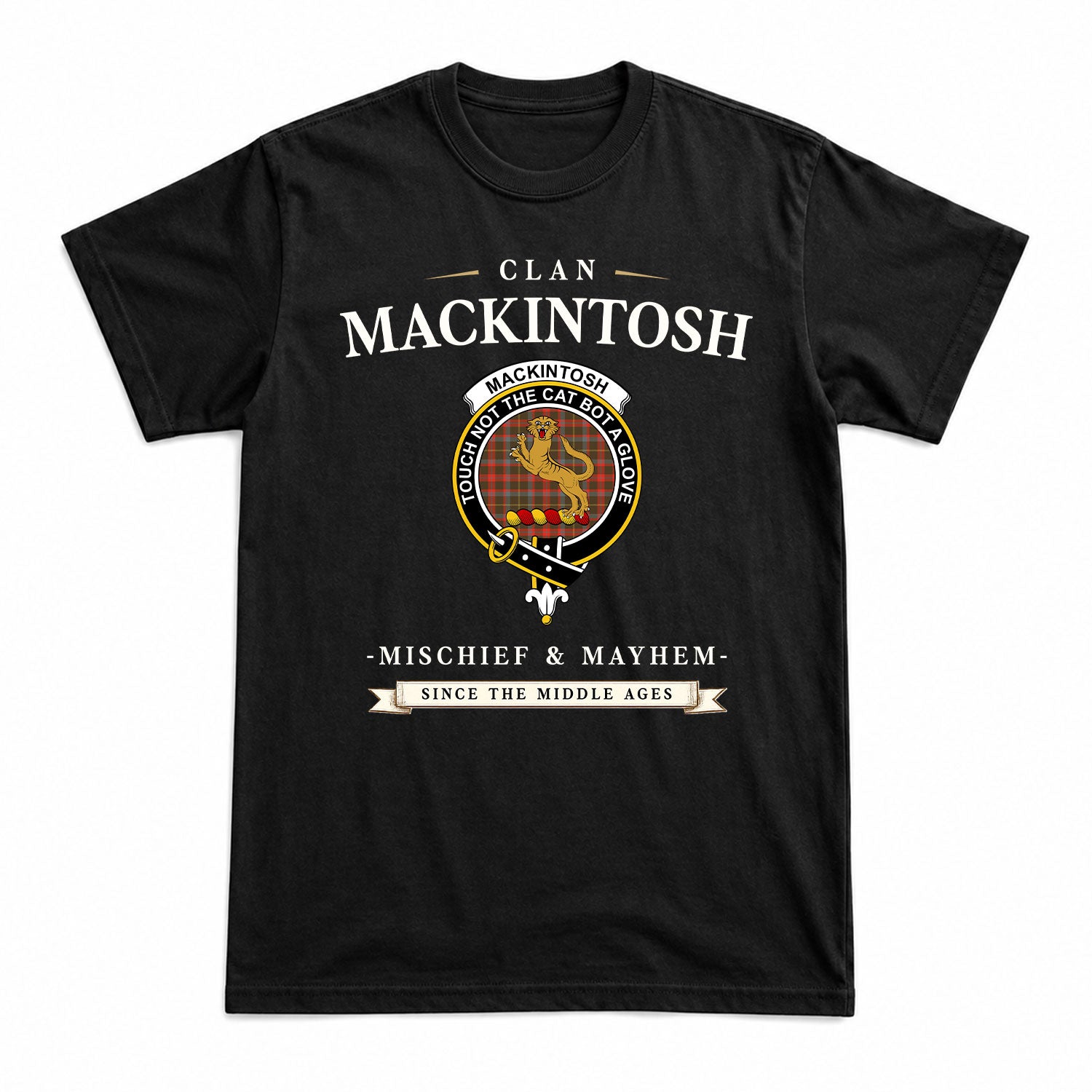 MacKintosh Hunting Weathered Tartan Crest Mischief and Mayhem T-shirt