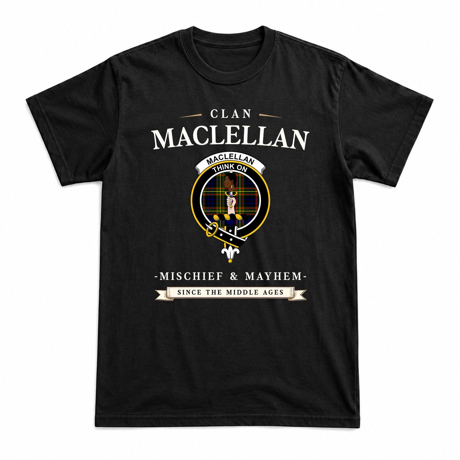 MacLellan Modern Tartan Crest Mischief and Mayhem T-shirt