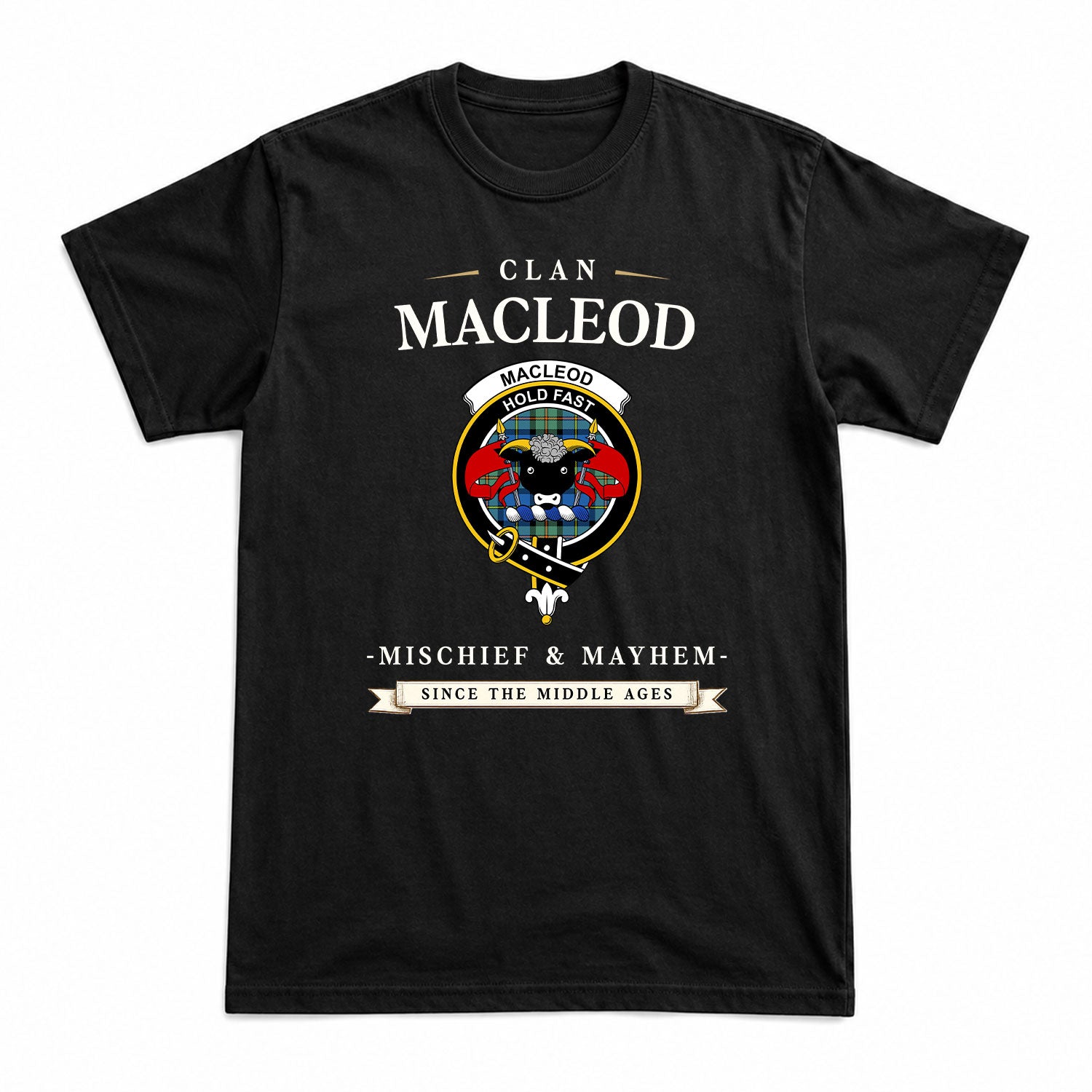 MacLeod of Harris Ancient Tartan Crest Mischief and Mayhem T-shirt