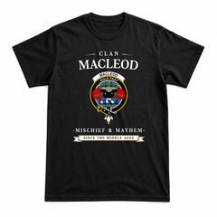 MacLeod of Harris Ancient Tartan Crest Mischief and Mayhem T-shirt
