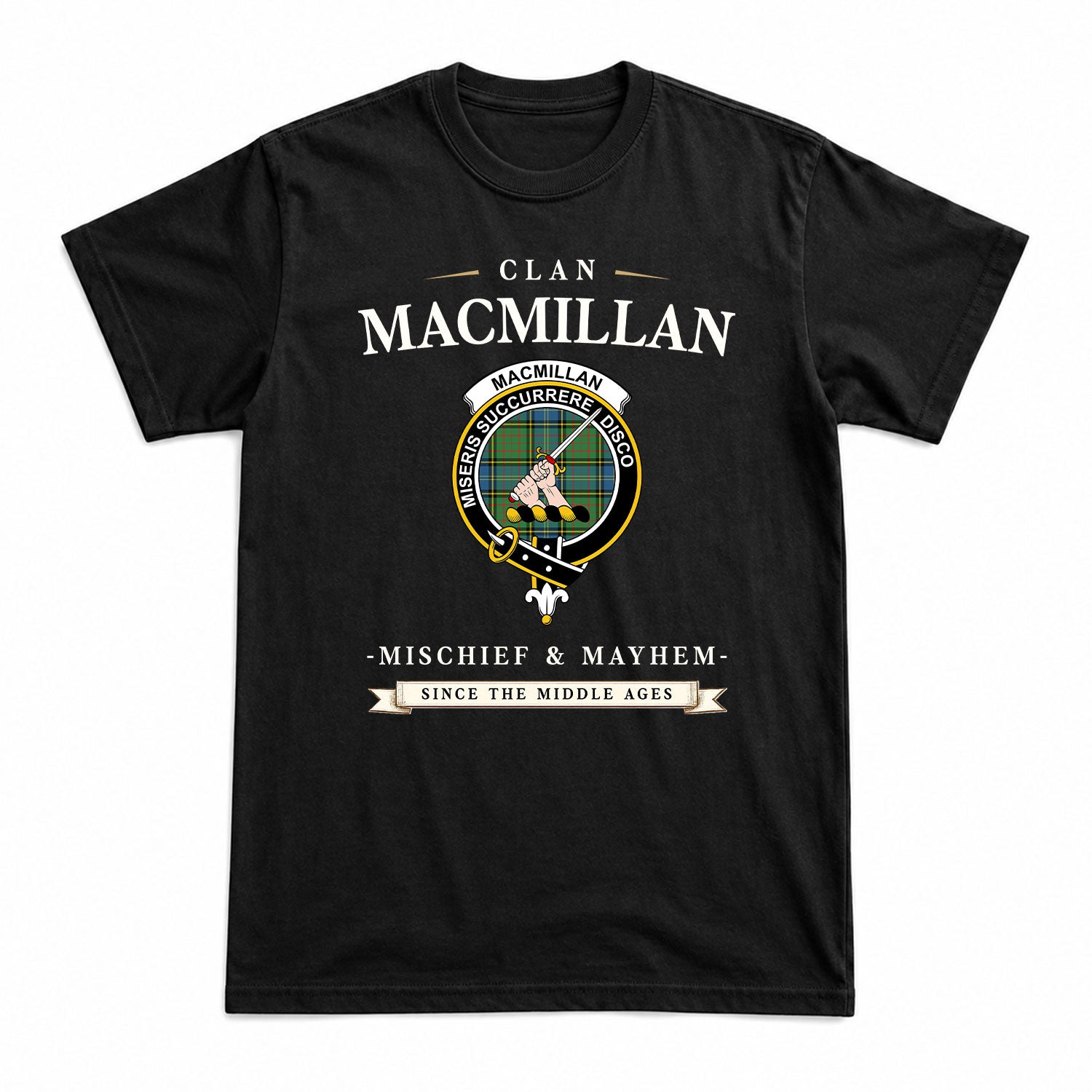 MacMillan Hunting Ancient Tartan Crest Mischief and Mayhem T-shirt