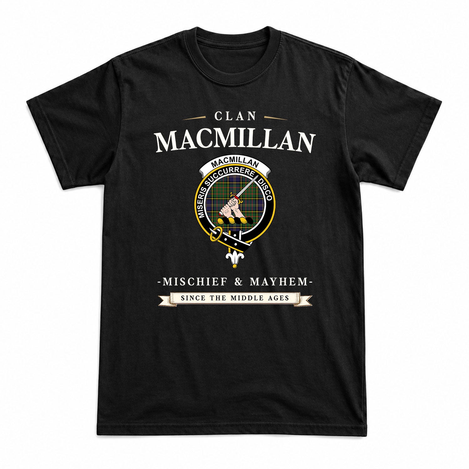 MacMillan Hunting Modern Tartan Crest Mischief and Mayhem T-shirt