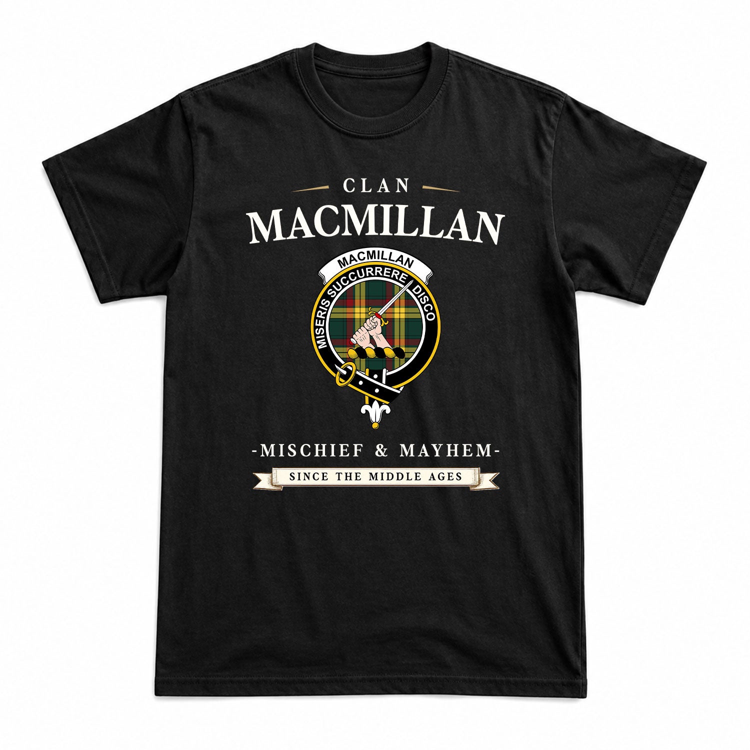 MacMillan Old Modern Tartan Crest Mischief and Mayhem T-shirt
