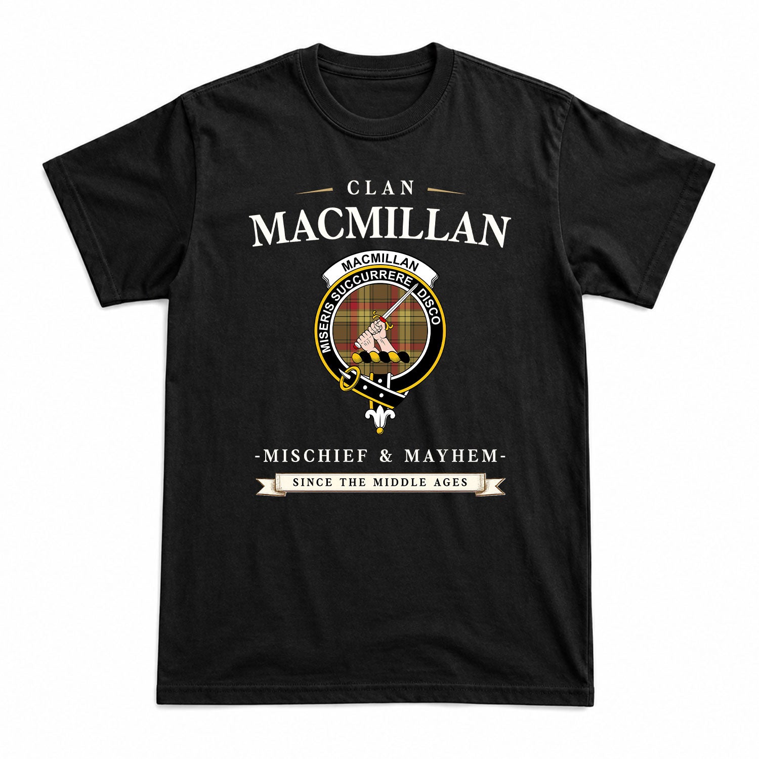 MacMillan Old Weathered Tartan Crest Mischief and Mayhem T-shirt