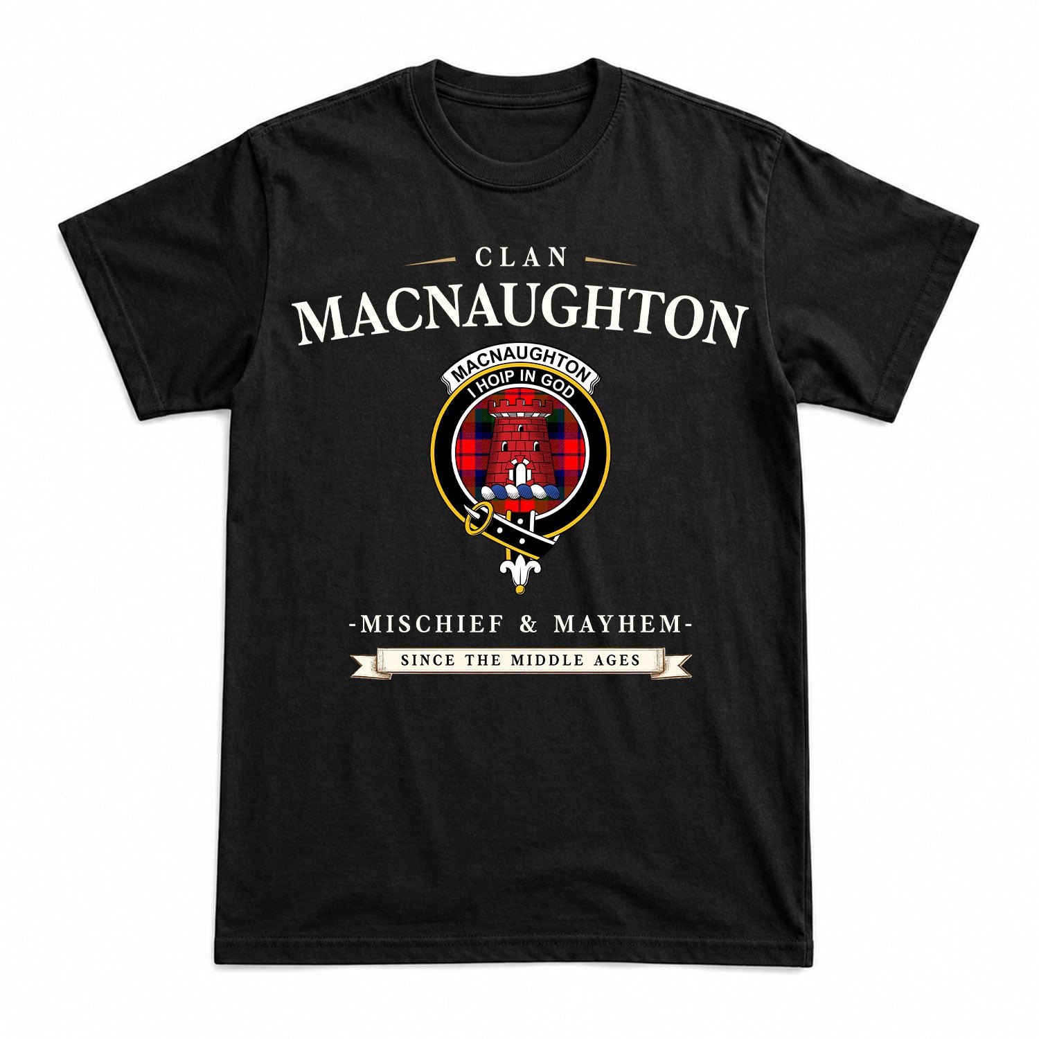 MacNaughton Modern Tartan Crest Mischief and Mayhem T-shirt