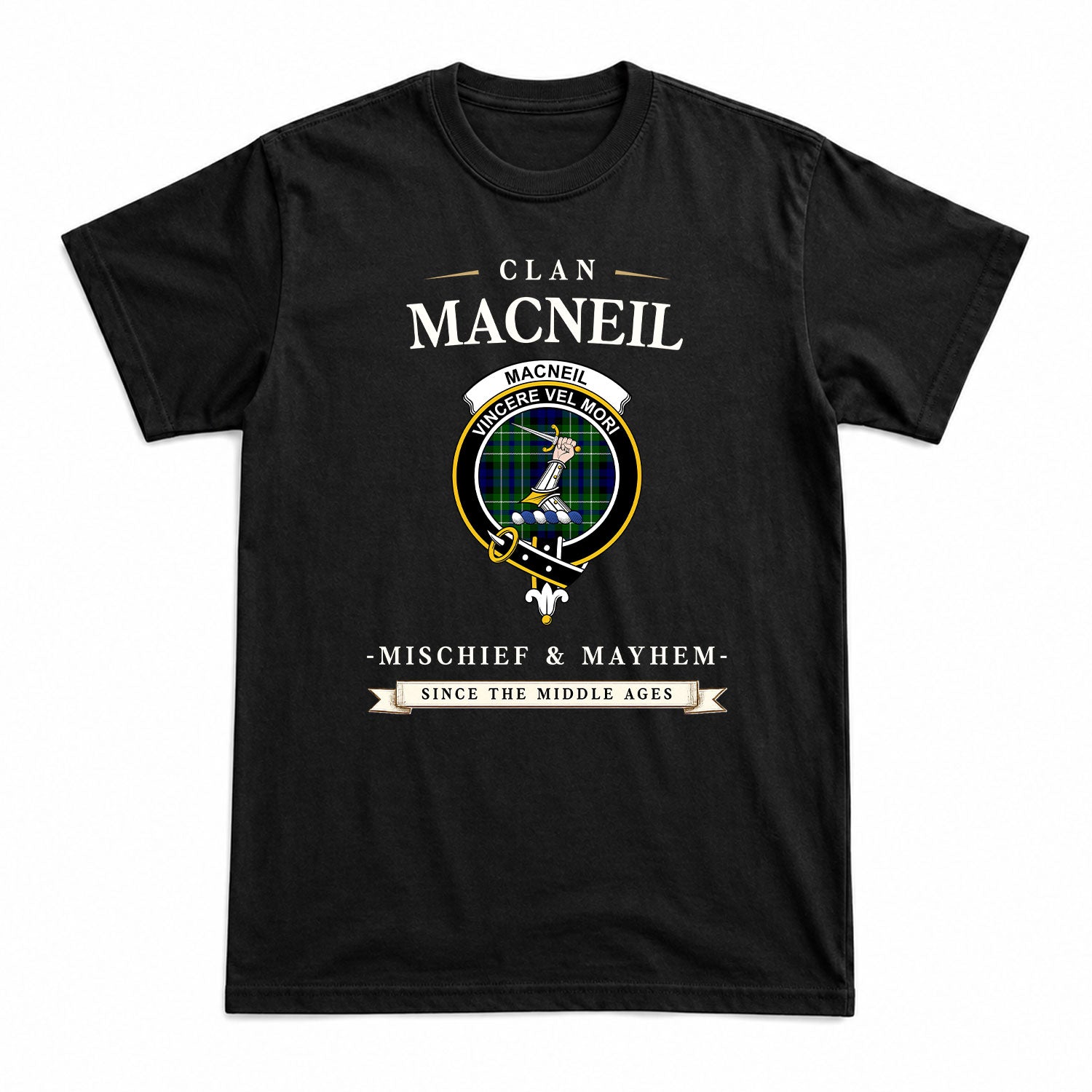 MacNeil of Colonsay Modern Tartan Crest Mischief and Mayhem T-shirt