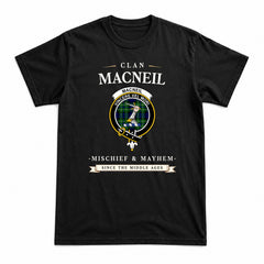MacNeil of Colonsay Modern Tartan Crest Mischief and Mayhem T-shirt