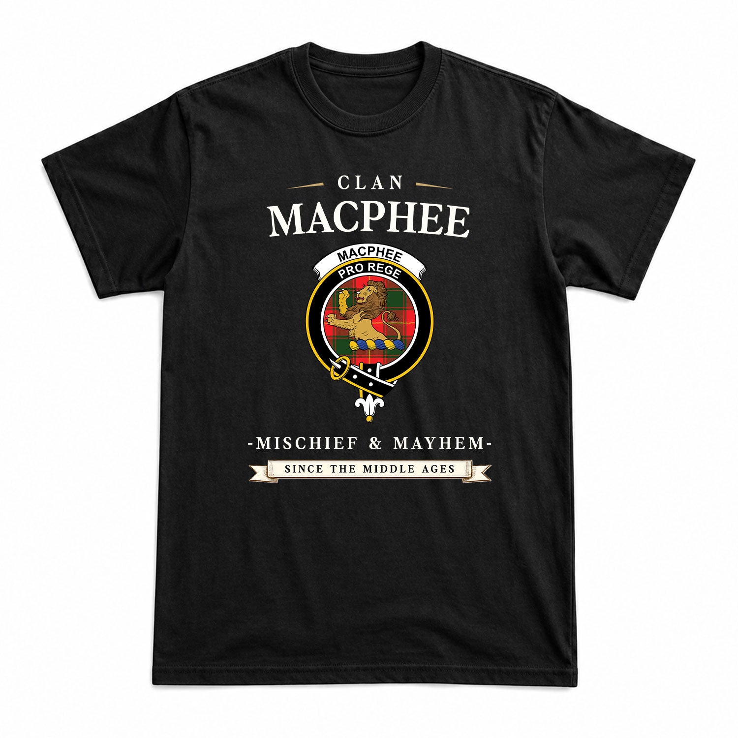 MacPhee Modern Tartan Crest Mischief and Mayhem T-shirt