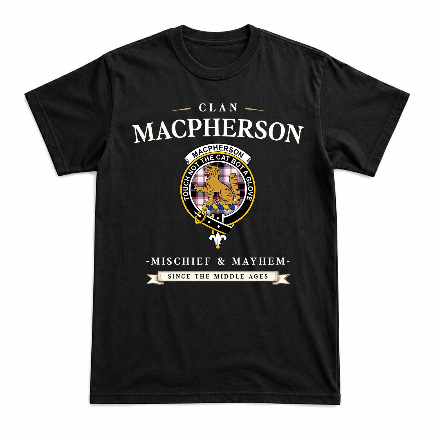 MacPherson Hunting Modern Tartan Crest Mischief and Mayhem T-shirt