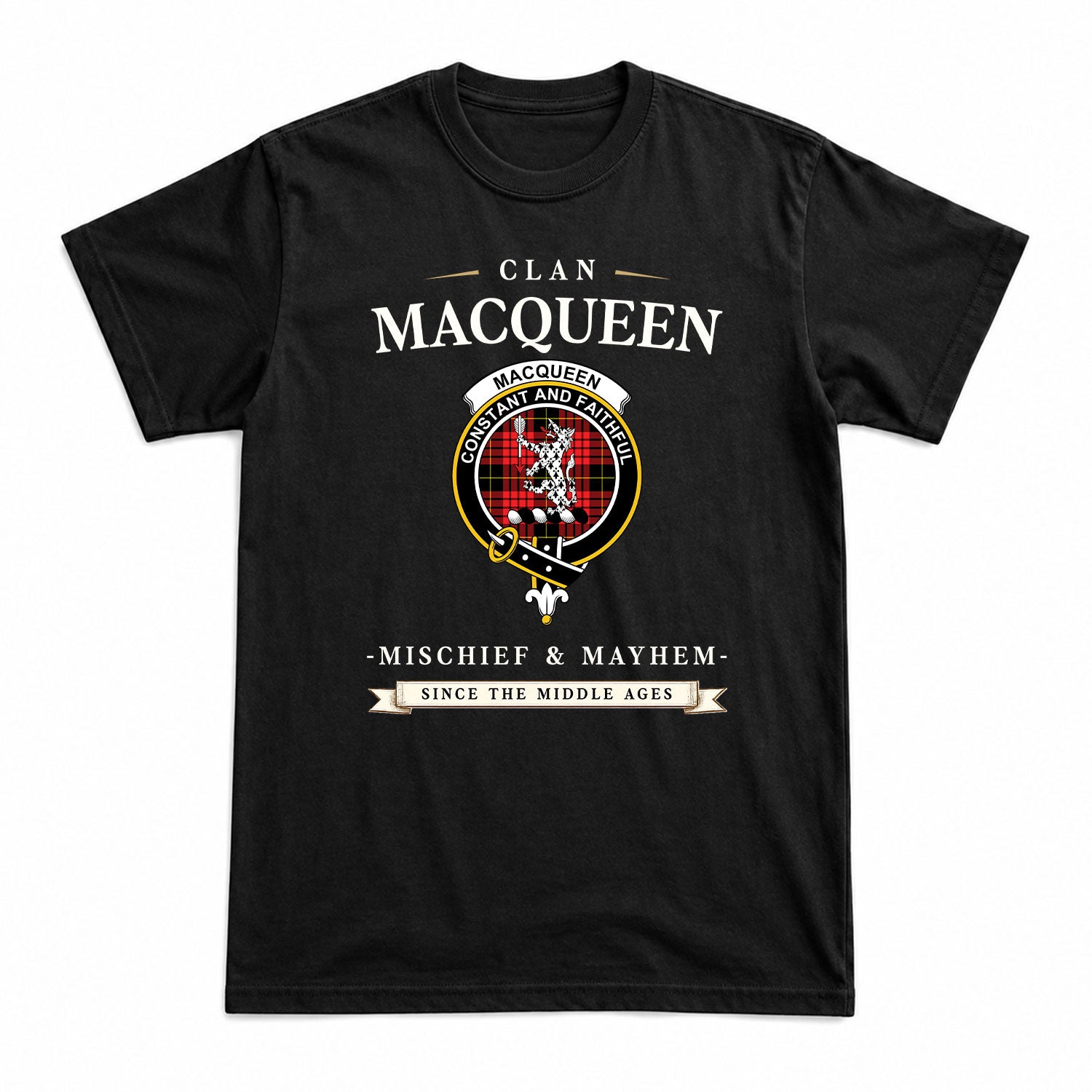 MacQueen Modern Tartan Crest Mischief and Mayhem T-shirt