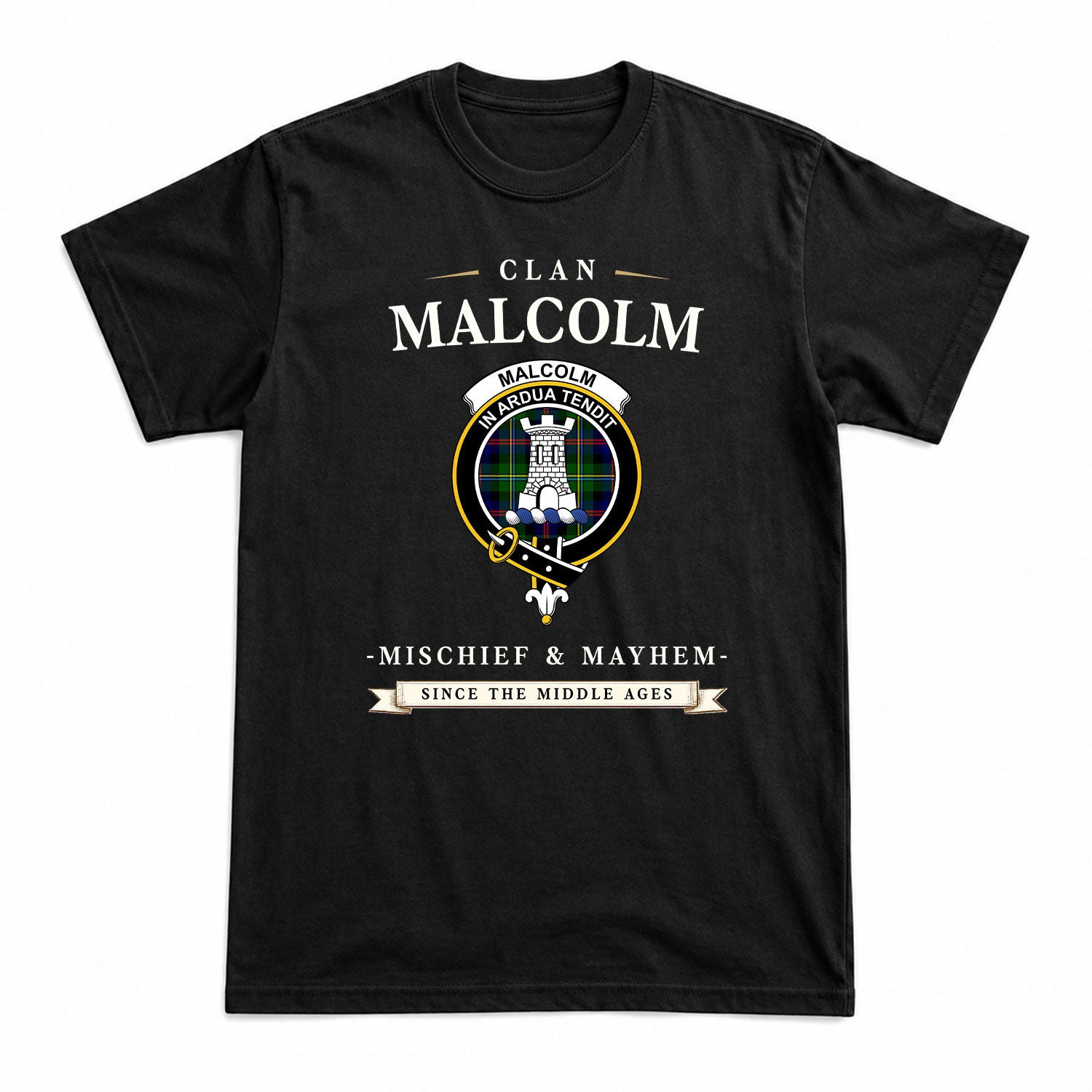 Malcolm (or MacCallum) Tartan Crest Mischief and Mayhem T-shirt