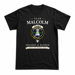 Malcolm (or MacCallum) Tartan Crest Mischief and Mayhem T-shirt