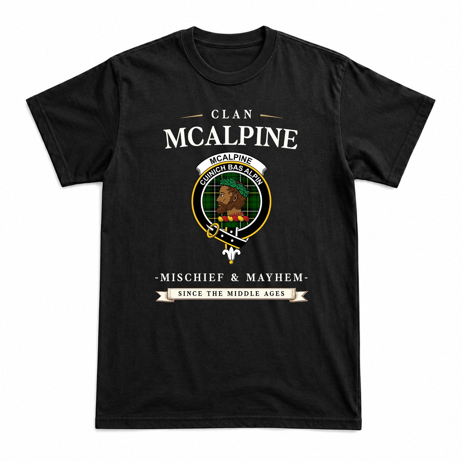 McAlpine Modern Tartan Crest Mischief and Mayhem T-shirt