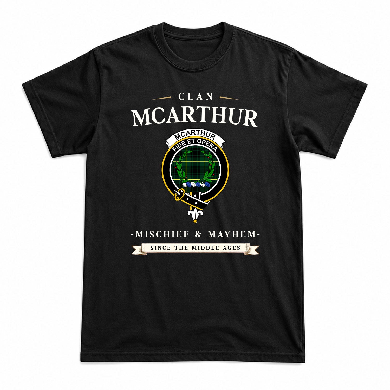 McArthur Modern Tartan Crest Mischief and Mayhem T-shirt