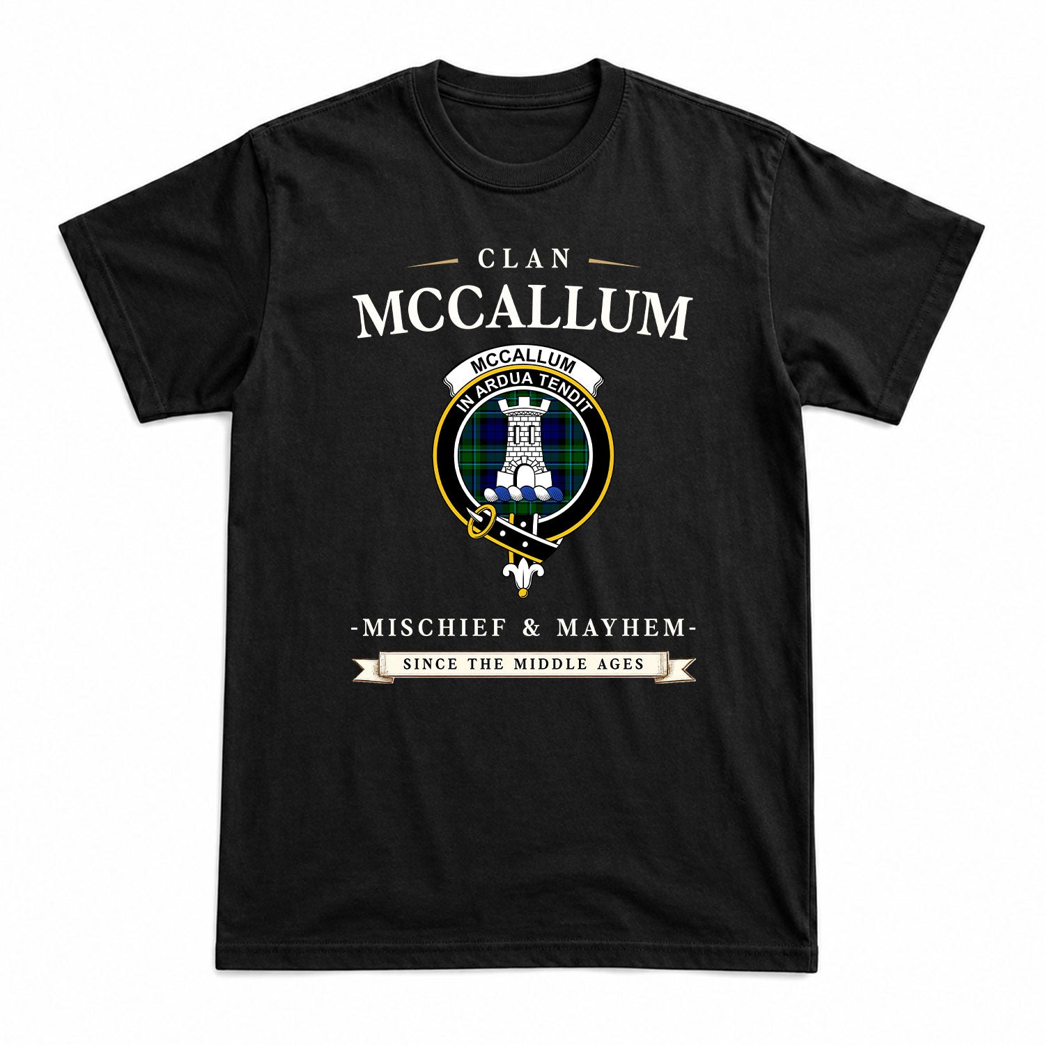 McCallum Modern Tartan Crest Mischief and Mayhem T-shirt