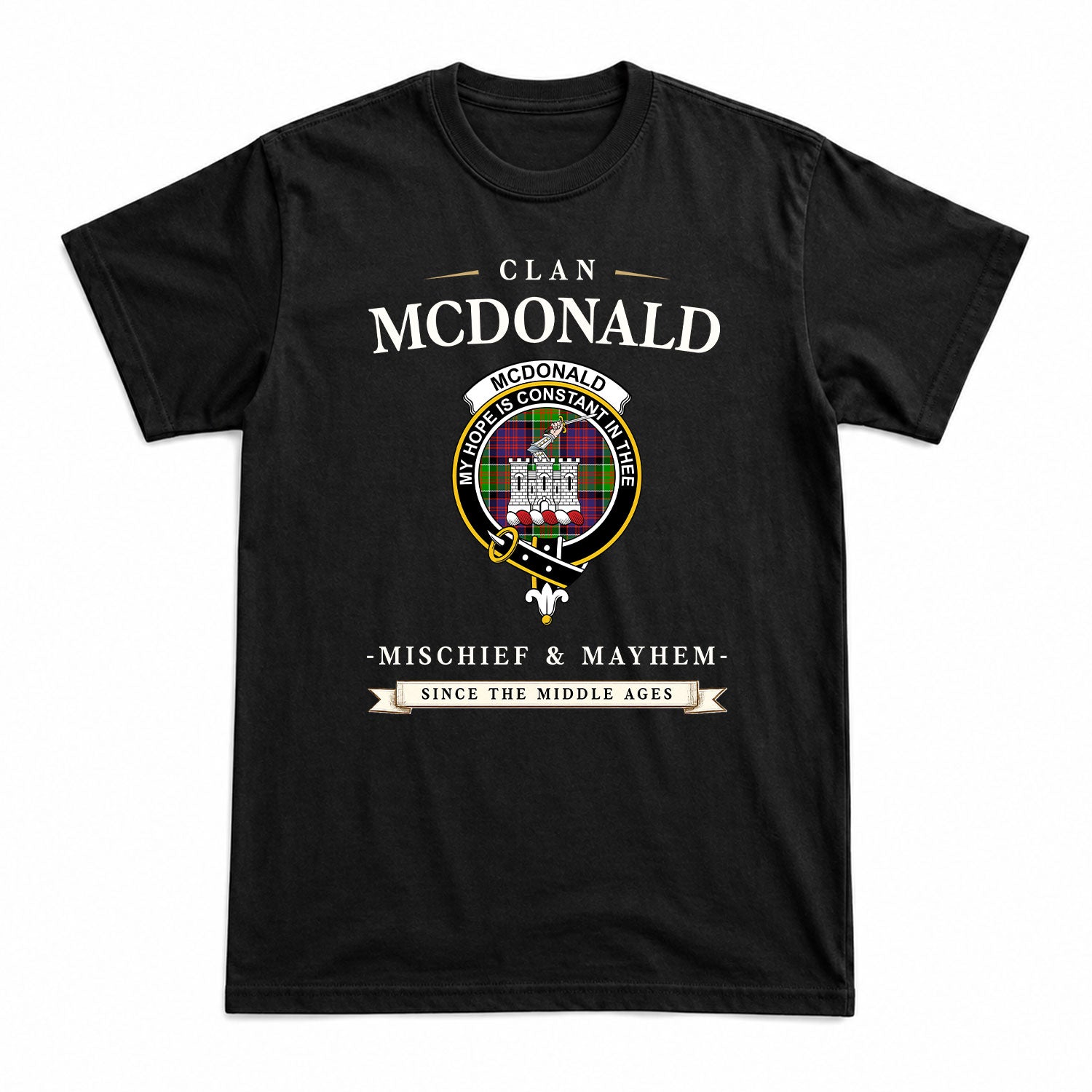 McDonald (Clan Ranald) Tartan Crest Mischief and Mayhem T-shirt